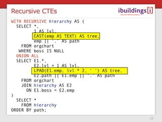 Recursive CTEs
WITH RECURSIVE hierarchy AS (
  SELECT *,
         1 AS lvl,
         CAST(emp AS TEXT) AS tree,
         e...