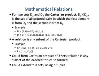 Mathematical Relations
For two sets D1 and D2, the Cartesian product, D1 X D2 ,
is the set of all ordered pairs in which the first element
is from D1 and the second is from D2
Example
D1 = {1,3} and D2 = {a,b,c}
D1 X D2 = {(1,a), (1,b), (1,c), (3,a), (3,b), (3,c)}
A relation is any subset of the Cartesian productA relation is any subset of the Cartesian product
Example
R = {(x,y) | x ∈ D1, y ∈ D2, and y = a}
R = {(1,a), (3,a)}
Could form Cartesian product of 3 sets; relation is any
subset of the ordered triples so formed
Could extend to n sets, using n-tuples
 