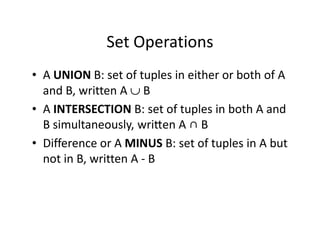 Set Operations
• A UNION B: set of tuples in either or both of A
and B, written A ∪ B
• A INTERSECTION B: set of tuples in both A and
B simultaneously, wriƩen A ∩ BB simultaneously, wriƩen A ∩ B
• Difference or A MINUS B: set of tuples in A but
not in B, written A - B
 