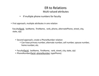ER to Relations
Multi-valued attributes
• If multiple phone numbers for faculty
• First approach, multiple attributes in one relation
Faculty(facId, lastName, firstName, rank, phone, alternatePhone, street, city,
state, zip)
• Second approach, create a PhoneNumber relation
• Can have primary number, alternate number, cell number, spouse number,
home number, etc.
• Faculty(facId, lastName, firstName, rank, street, city, state, zip)
• PhoneNumber(facId, phoneNumber, typePhone)
 