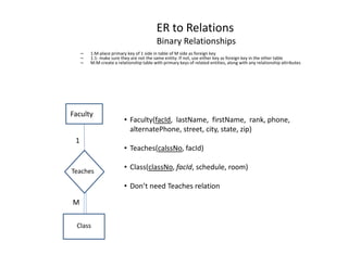 ER to Relations
Binary Relationships
– 1:M-place primary key of 1 side in table of M side as foreign key
– 1:1- make sure they are not the same entity. If not, use either key as foreign key in the other table
– M:M-create a relationship table with primary keys of related entities, along with any relationship attributes
Faculty
• Faculty(facId, lastName, firstName, rank, phone,
alternatePhone, street, city, state, zip)
Class
Teaches
• Teaches(calssNo, facId)
• Class(classNo, facId, schedule, room)
• Don’t need Teaches relation
1
M
 