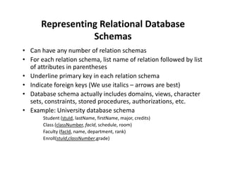 Representing Relational Database
Schemas
• Can have any number of relation schemas
• For each relation schema, list name of relation followed by list
of attributes in parentheses
• Underline primary key in each relation schema
• Indicate foreign keys (We use italics – arrows are best)• Indicate foreign keys (We use italics – arrows are best)
• Database schema actually includes domains, views, character
sets, constraints, stored procedures, authorizations, etc.
• Example: University database schema
Student (stuId, lastName, firstName, major, credits)
Class (classNumber, facId, schedule, room)
Faculty (facId, name, department, rank)
Enroll(stuId,classNumber,grade)
 