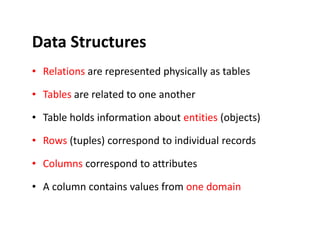 Data Structures
• Relations are represented physically as tables
• Tables are related to one another
• Table holds information about entities (objects)Table holds information about entities (objects)
• Rows (tuples) correspond to individual records
• Columns correspond to attributes
• A column contains values from one domain
 