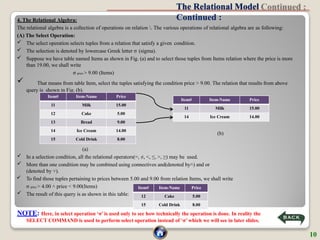 The Relational Model
Continued :
NOTE: Here, in select operation ‘σ’ is used only to see how technically the operation is done. In reality the
SELECT COMMAND is used to perform select operation instead of ‘σ’ which we will see in later slides.
4. The Relational Algebra:
The relational algebra is a collection of operations on relation . The various operations of relational algebra are as following:
(A) The Select Operation:
 The select operation selects tuples from a relation that satisfy a given condition.
 The selection is denoted by lowercase Greek letter σ (sigma).
 Suppose we have table named Items as shown in Fig. (a) and to select those tuples from Items relation where the price is more
than 19.00, we shall write
σ price > 9.00 (Items)
 That means from table Item, select the tuples satisfying the condition price > 9.00. The relation that results from above
query is shown in Fig. (b).
(b)
(a)
 In a selection condition, all the relational operators(=, ≠, <, ≤, >, ≥) may be used.
 More than one condition may be combined using connectives and(denoted by )
˄ and or
(denoted by ).
˅
 To find those tuples pertaining to prices between 5.00 and 9.00 from relation Items, we shall write
σ price > 4.00 ˄ price < 9.00(Items)
 The result of this query is as shown in this table:
Item# Item-Name Price
11 Milk 15.00
12 Cake 5.00
13 Bread 9.00
14 Ice Cream 14.00
15 Cold Drink 8.00
Item# Item-Name Price
11 Milk 15.00
14 Ice Cream 14.00
Item# Item-Name Price
12 Cake 5.00
15 Cold Drink 8.00
10
 