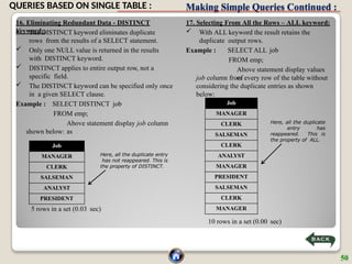 Making Simple Queries Continued :
16. Eliminating Redundant Data - DISTINCT
keyword :
 The DISTINCT keyword eliminates duplicate
rows from the results of a SELECT statement.
 Only one NULL value is returned in the results
with DISTINCT keyword.
 DISTINCT applies to entire output row, not a
specific field.
 The DISTINCT keyword can be specified only once
in a given SELECT clause.
Example : SELECT DISTINCT job
FROM emp;
Above statement display job column
as
shown below:
5 rows in a set (0.03 sec)
Job
MANAGER
CLERK
SALSEMAN
ANALYST
PRESIDENT
Here, all the duplicate entry
has not reappeared. This is
the property of DISTINCT.
17. Selecting From All the Rows – ALL keyword:
 With ALL keyword the result retains the
duplicate output rows.
Example : SELECT ALL job
FROM emp;
Above statement display values
of
job column from every row of the table without
considering the duplicate entries as shown
below:
10 rows in a set (0.00 sec)
Job
MANAGER
CLERK
SALSEMAN
CLERK
ANALYST
MANAGER
PRESIDENT
SALSEMAN
CLERK
MANAGER
Here, all the duplicate
entry has
reappeared. This is
the property of ALL.
50
QUERIES BASED ON SINGLE TABLE :
 