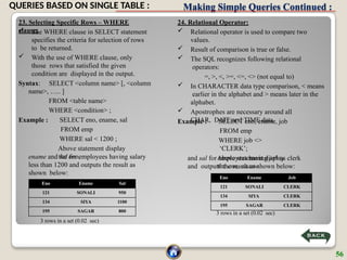 Making Simple Queries Continued :
23. Selecting Specific Rows – WHERE
clause:
 The WHERE clause in SELECT statement
specifies the criteria for selection of rows
to be returned.
 With the use of WHERE clause, only
those rows that satisfied the given
condition are displayed in the output.
Syntax: SELECT <column name> [, <column
name>, ….. ]
FROM <table name>
WHERE <condition> ;
Example : SELECT eno, ename, sal
FROM emp
WHERE sal < 1200 ;
Above statement display
the eno,
ename and sal for employees having salary
less than 1200 and outputs the result as
shown below:
3 rows in a set (0.02 sec)
Eno Ename Sal
121 SONALI 950
134 SIYA 1100
195 SAGAR 800
24. Relational Operator:
 Relational operator is used to compare two
values.
 Result of comparison is true or false.
 The SQL recognizes following relational
operators:
=, >, <, >=, <=, <> (not equal to)
 In CHARACTER data type comparison, < means
earlier in the alphabet and > means later in the
alphabet.
 Apostrophes are necessary around all
CHAR, DATE and TIME data.
Example : SELECT eno, ename, job
FROM emp
WHERE job <>
‘CLERK’;
Above statement display
the eno, ename
and sal for employees having job as clerk
and outputs the result as shown below:
3 rows in a set (0.02 sec)
Eno Ename Job
121 SONALI CLERK
134 SIYA CLERK
195 SAGAR CLERK
56
QUERIES BASED ON SINGLE TABLE :
 