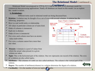 The Relational Model
Continued :
Relational Model was proposed in 1970 by E.F. Codd of the IBM. It is a dominant model for
commercial data processing applications. Nearly, all databases are based on this model. Let us explore
this model in details.
1. Terminology:
Different terms used in relational model are being discussed here.
 Relation: A relation may be thought of as a set of rows with several columns. A relation has the
following properties:
 Row is a real world entity or relationship.
 All values in particular column are of same kind.
 Order of columns is immaterial.
 Each row is distinct.
 Order of rows is immaterial.
 For a row, each column must have an atomic .
value (indivisible).
 For a row, a column cannot have more than
one value.
 Domain: A domain is a pool of values from
which the actual value present in a given
column are taken.
 Tuple: This is the horizontal part of the relation. One row represents one record of the relation. The rows
of a relation are also called tuples.
 Attributes – The columns of a table are also called attributes. The column is the vertical part of the
relation.
 Degree: The number of attributes(columns) in a relation determine the degree of a relation.
 Cardinality – It is the number of rows (or tuples) in a table.
8
 