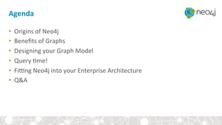 Agenda	
  
•  Origins	
  of	
  Neo4j	
  
•  Beneﬁts	
  of	
  Graphs	
  
•  Designing	
  your	
  Graph	
  Model	
  
•  Query	
  <me!	
  
•  Fi@ng	
  Neo4j	
  into	
  your	
  Enterprise	
  Architecture	
  	
  
•  Q&A	
  
 