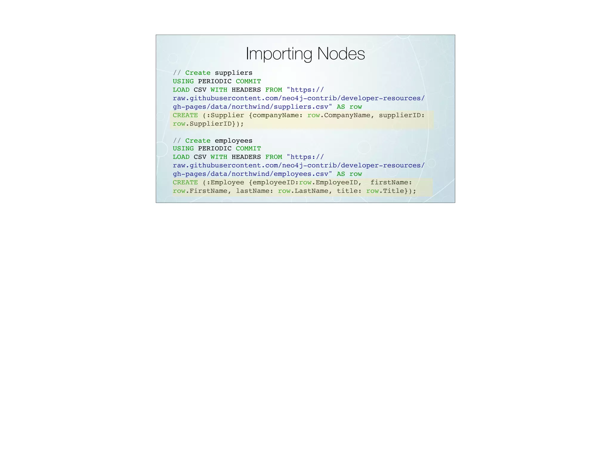 Importing Nodes
// Create suppliers
USING PERIODIC COMMIT
LOAD CSV WITH HEADERS FROM "https://
raw.githubusercontent.com/neo4j-contrib/developer-resources/
gh-pages/data/northwind/suppliers.csv" AS row
CREATE (:Supplier {companyName: row.CompanyName, supplierID:
row.SupplierID});
// Create employees
USING PERIODIC COMMIT
LOAD CSV WITH HEADERS FROM "https://
raw.githubusercontent.com/neo4j-contrib/developer-resources/
gh-pages/data/northwind/employees.csv" AS row
CREATE (:Employee {employeeID:row.EmployeeID, firstName:
row.FirstName, lastName: row.LastName, title: row.Title});
 