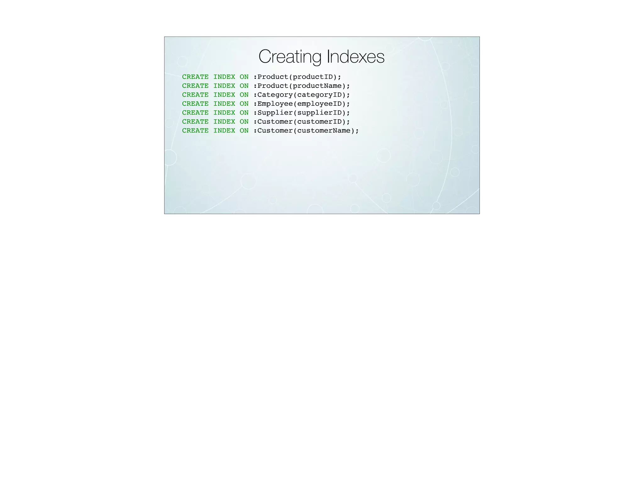 Creating Indexes
CREATE INDEX ON :Product(productID);
CREATE INDEX ON :Product(productName);
CREATE INDEX ON :Category(categoryID);
CREATE INDEX ON :Employee(employeeID);
CREATE INDEX ON :Supplier(supplierID);
CREATE INDEX ON :Customer(customerID);
CREATE INDEX ON :Customer(customerName);
 