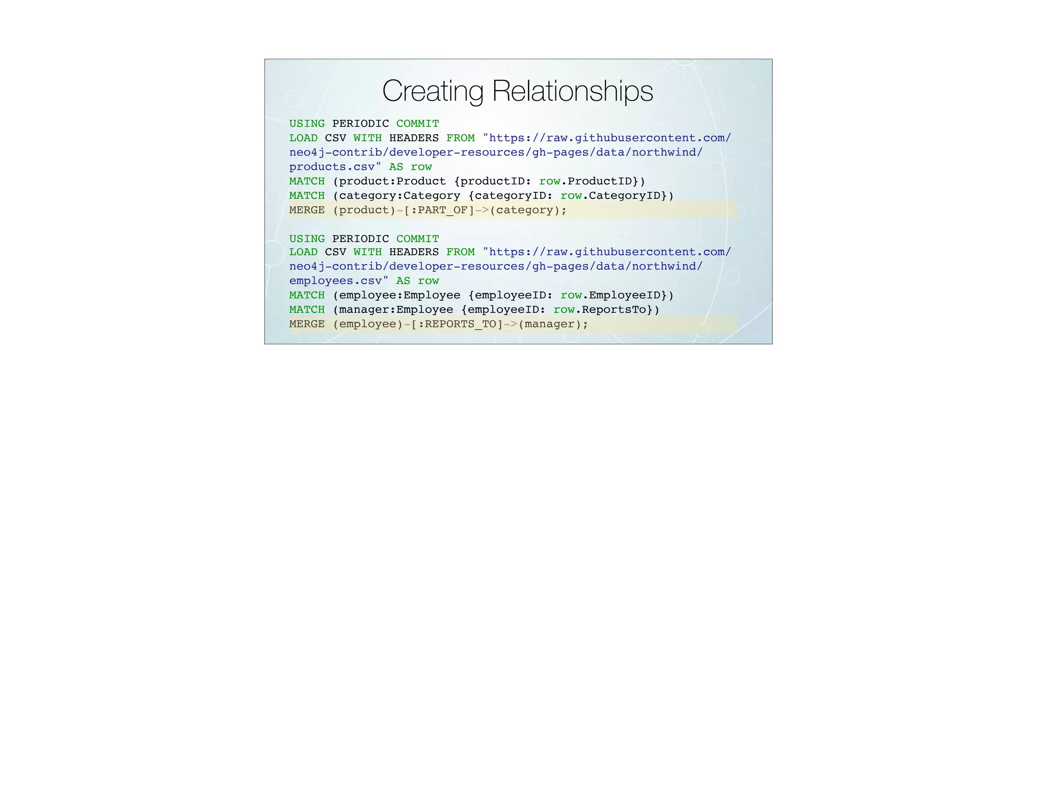 Creating Relationships
USING PERIODIC COMMIT
LOAD CSV WITH HEADERS FROM "https://raw.githubusercontent.com/
neo4j-contrib/developer-resources/gh-pages/data/northwind/
products.csv" AS row
MATCH (product:Product {productID: row.ProductID})
MATCH (category:Category {categoryID: row.CategoryID})
MERGE (product)-[:PART_OF]->(category);
USING PERIODIC COMMIT
LOAD CSV WITH HEADERS FROM "https://raw.githubusercontent.com/
neo4j-contrib/developer-resources/gh-pages/data/northwind/
employees.csv" AS row
MATCH (employee:Employee {employeeID: row.EmployeeID})
MATCH (manager:Employee {employeeID: row.ReportsTo})
MERGE (employee)-[:REPORTS_TO]->(manager);
 