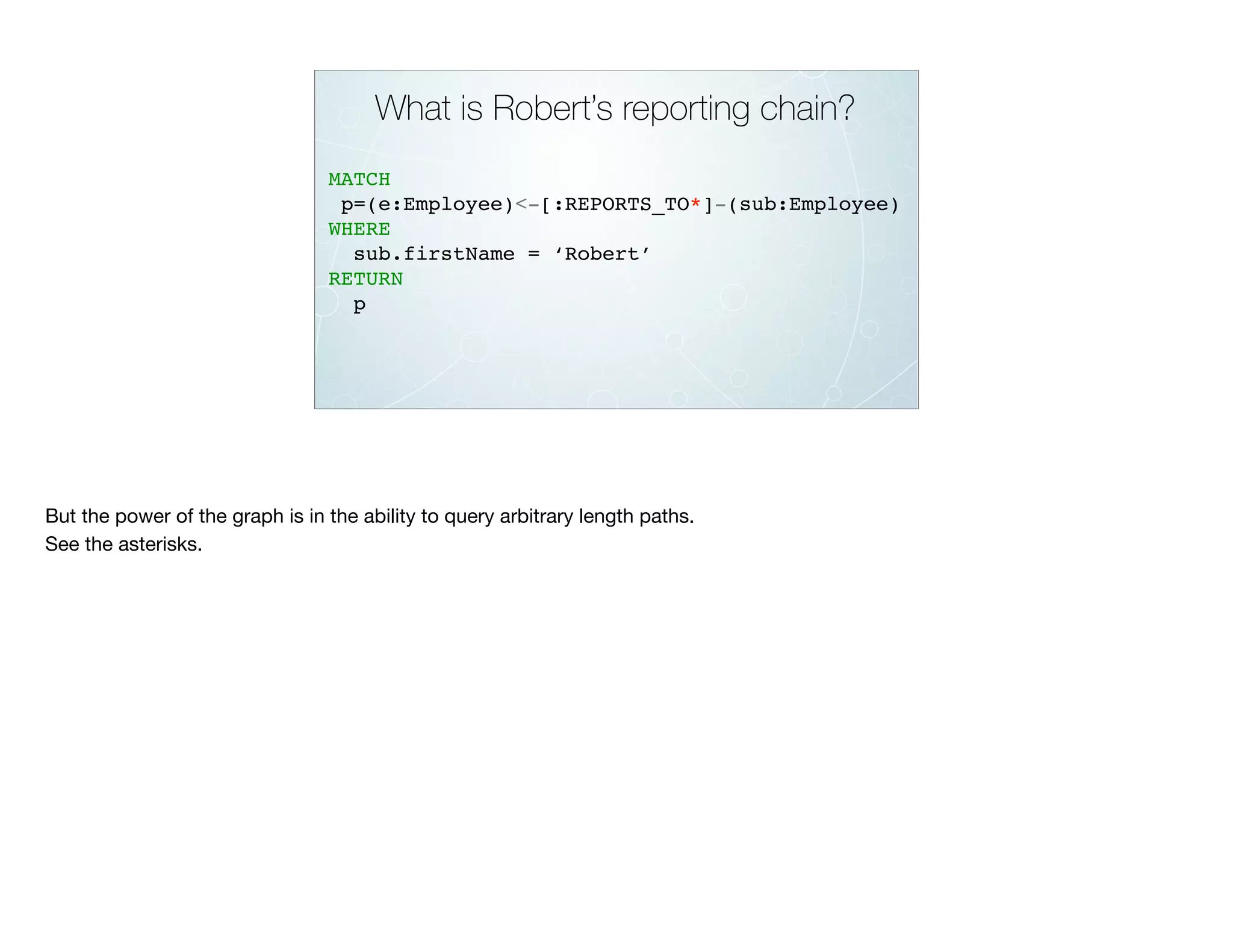 What is Robert’s reporting chain?
MATCH
p=(e:Employee)<-[:REPORTS_TO*]-(sub:Employee)
WHERE
sub.firstName = ‘Robert’
RETURN
p
But the power of the graph is in the ability to query arbitrary length paths.

See the asterisks.

 