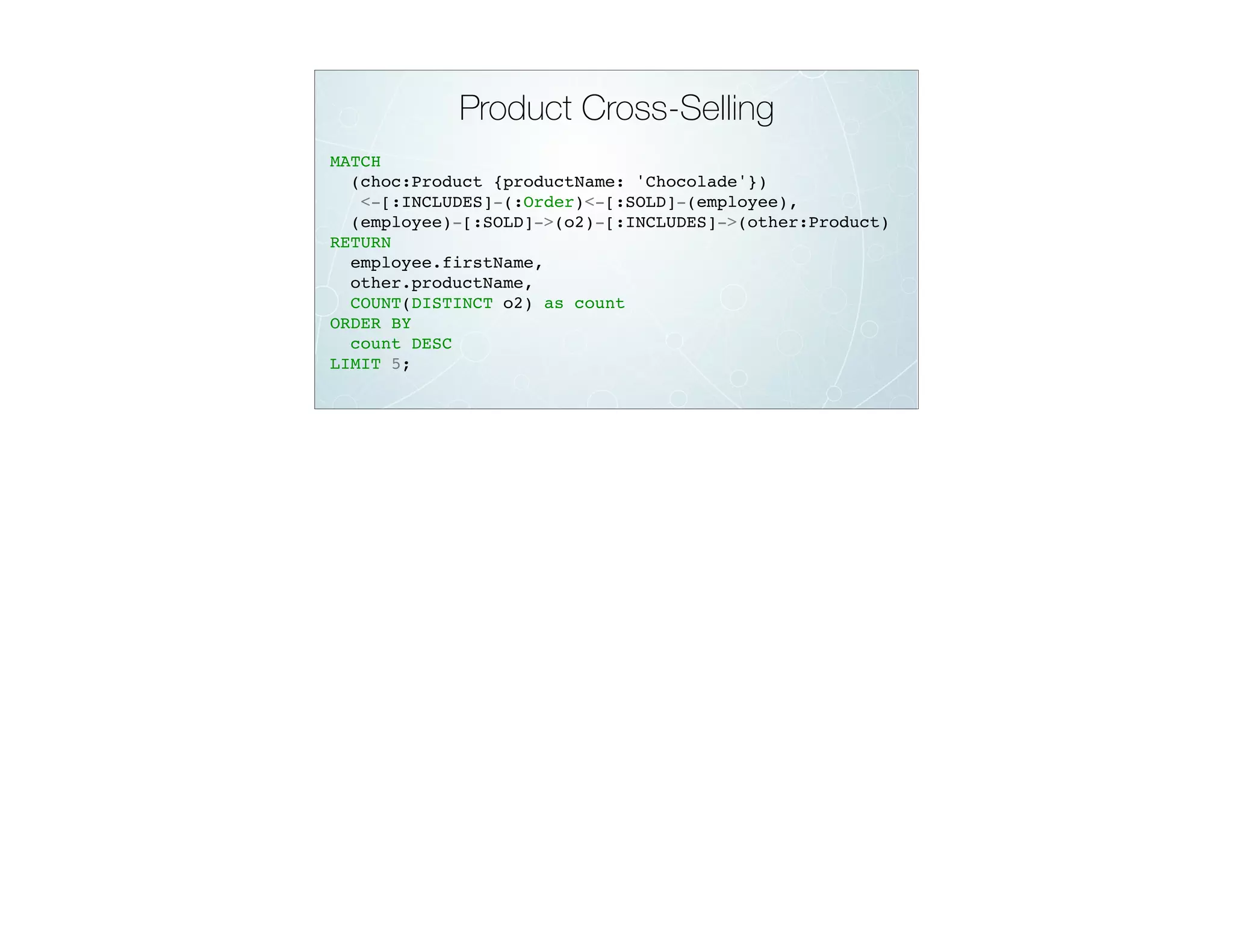 Product Cross-Selling
MATCH
(choc:Product {productName: 'Chocolade'})
<-[:INCLUDES]-(:Order)<-[:SOLD]-(employee),
(employee)-[:SOLD]->(o2)-[:INCLUDES]->(other:Product)
RETURN
employee.firstName,
other.productName,
COUNT(DISTINCT o2) as count
ORDER BY
count DESC
LIMIT 5;
 