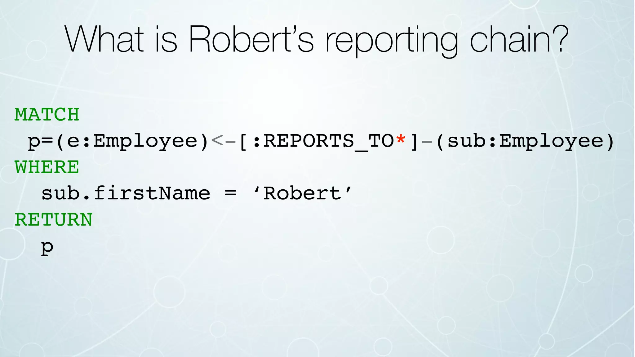 What is Robert’s reporting chain?
MATCH
p=(e:Employee)<-[:REPORTS_TO*]-(sub:Employee)
WHERE
sub.firstName = ‘Robert’
RETURN
p
 