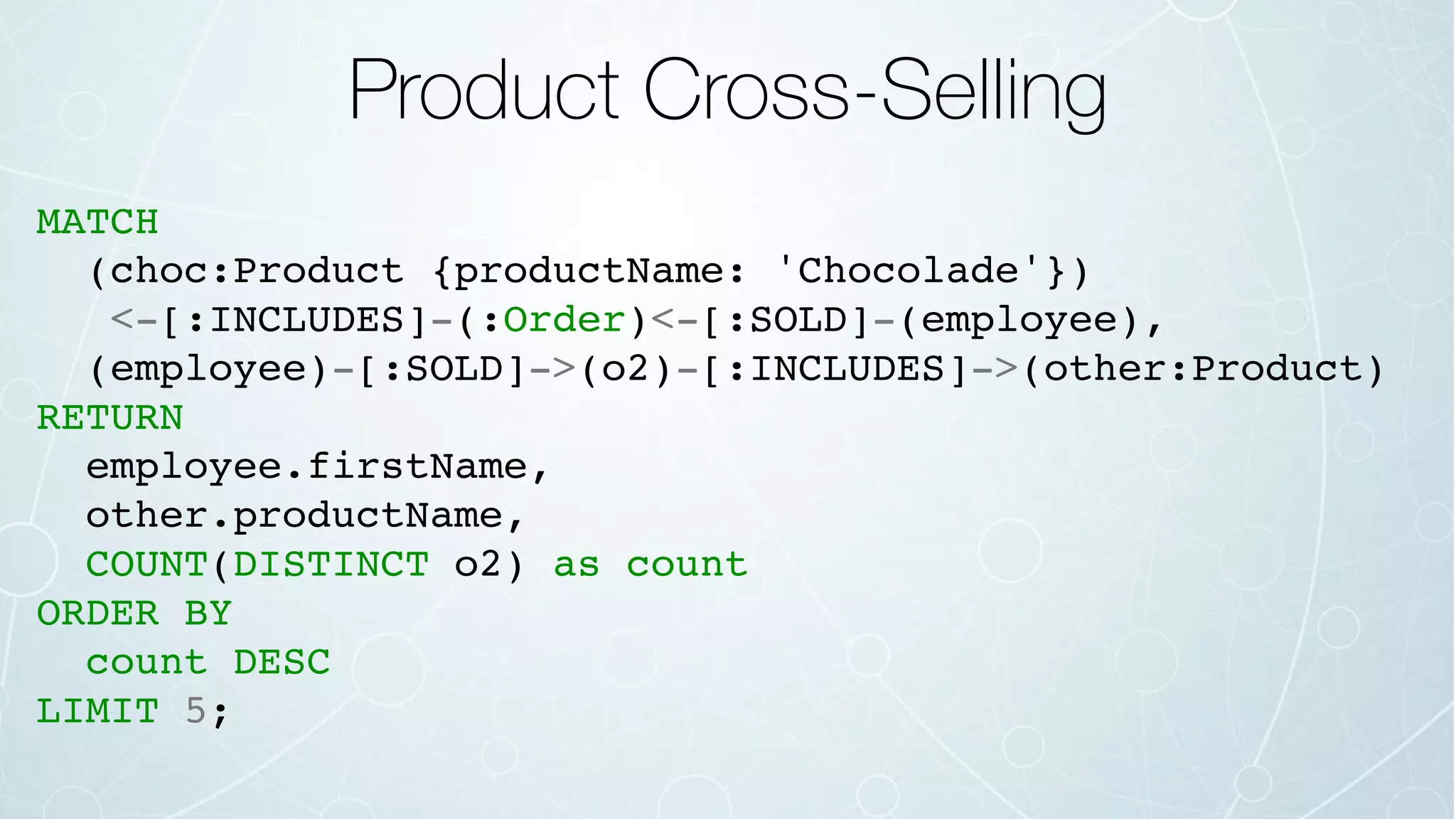 Product Cross-Selling
MATCH
(choc:Product {productName: 'Chocolade'})
<-[:INCLUDES]-(:Order)<-[:SOLD]-(employee),
(employee)-[:SOLD]->(o2)-[:INCLUDES]->(other:Product)
RETURN
employee.firstName,
other.productName,
COUNT(DISTINCT o2) as count
ORDER BY
count DESC
LIMIT 5;
 