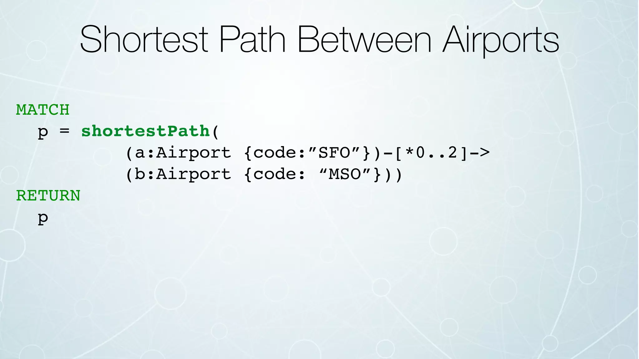 Shortest Path Between Airports
MATCH
p = shortestPath(
(a:Airport {code:”SFO”})-[*0..2]->
(b:Airport {code: “MSO”}))
RETURN
p
 