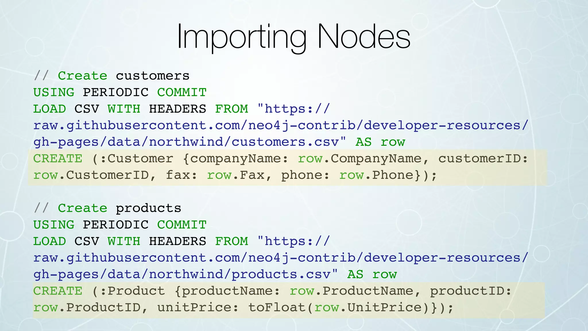 Importing Nodes
// Create customers
USING PERIODIC COMMIT
LOAD CSV WITH HEADERS FROM "https://
raw.githubusercontent.com/neo4j-contrib/developer-resources/
gh-pages/data/northwind/customers.csv" AS row
CREATE (:Customer {companyName: row.CompanyName, customerID:
row.CustomerID, fax: row.Fax, phone: row.Phone});
// Create products
USING PERIODIC COMMIT
LOAD CSV WITH HEADERS FROM "https://
raw.githubusercontent.com/neo4j-contrib/developer-resources/
gh-pages/data/northwind/products.csv" AS row
CREATE (:Product {productName: row.ProductName, productID:
row.ProductID, unitPrice: toFloat(row.UnitPrice)});
 