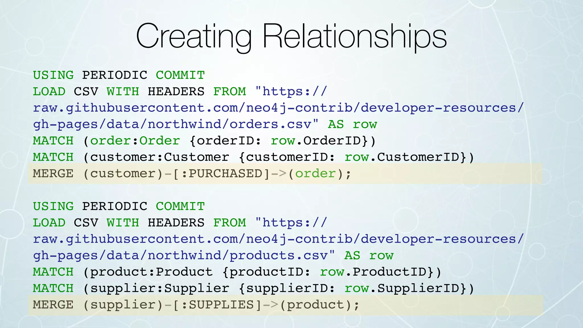 Creating Relationships
USING PERIODIC COMMIT
LOAD CSV WITH HEADERS FROM "https://
raw.githubusercontent.com/neo4j-contrib/developer-resources/
gh-pages/data/northwind/orders.csv" AS row
MATCH (order:Order {orderID: row.OrderID})
MATCH (customer:Customer {customerID: row.CustomerID})
MERGE (customer)-[:PURCHASED]->(order);
USING PERIODIC COMMIT
LOAD CSV WITH HEADERS FROM "https://
raw.githubusercontent.com/neo4j-contrib/developer-resources/
gh-pages/data/northwind/products.csv" AS row
MATCH (product:Product {productID: row.ProductID})
MATCH (supplier:Supplier {supplierID: row.SupplierID})
MERGE (supplier)-[:SUPPLIES]->(product);
 