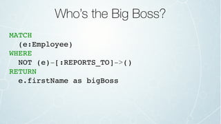 Who’s the Big Boss?
MATCH
(e:Employee)
WHERE
NOT (e)-[:REPORTS_TO]->()
RETURN
e.firstName as bigBoss
 