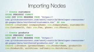 Importing Nodes
// Create customers
USING PERIODIC COMMIT
LOAD CSV WITH HEADERS FROM "https://
raw.githubusercontent.com/neo4j-contrib/developer-resources/
gh-pages/data/northwind/customers.csv" AS row
CREATE (:Customer {companyName: row.CompanyName, customerID:
row.CustomerID, fax: row.Fax, phone: row.Phone});
// Create products
USING PERIODIC COMMIT
LOAD CSV WITH HEADERS FROM "https://
raw.githubusercontent.com/neo4j-contrib/developer-resources/
gh-pages/data/northwind/products.csv" AS row
CREATE (:Product {productName: row.ProductName, productID:
row.ProductID, unitPrice: toFloat(row.UnitPrice)});
 