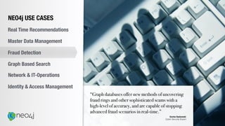 “Graph databases offer new methods of uncovering
fraud rings and other sophisticated scams with a
high-level of accuracy, and are capable of stopping
advanced fraud scenarios in real-time.”
Gorka Sadowski
Cyber Security Expert
NEO4j USE CASES
Real Time Recommendations
Master Data Management
Fraud Detection
Identity & Access Management
Graph Based Search
Network & IT-Operations
 