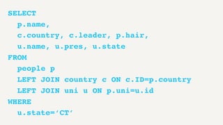 SELECT
p.name,
c.country, c.leader, p.hair,
u.name, u.pres, u.state
FROM
people p
LEFT JOIN country c ON c.ID=p.country
LEFT JOIN uni u ON p.uni=u.id
WHERE
u.state=‘CT’
 