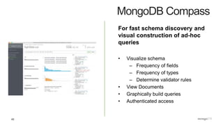 43
MongoDB Compass
For fast schema discovery and
visual construction of ad-hoc
queries
• Visualize schema
– Frequency of fields
– Frequency of types
– Determine validator rules
• View Documents
• Graphically build queries
• Authenticated access
 