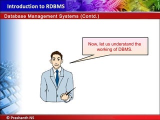 Now, let us understand the
working of DBMS.
Database Management Systems (Contd.)
 