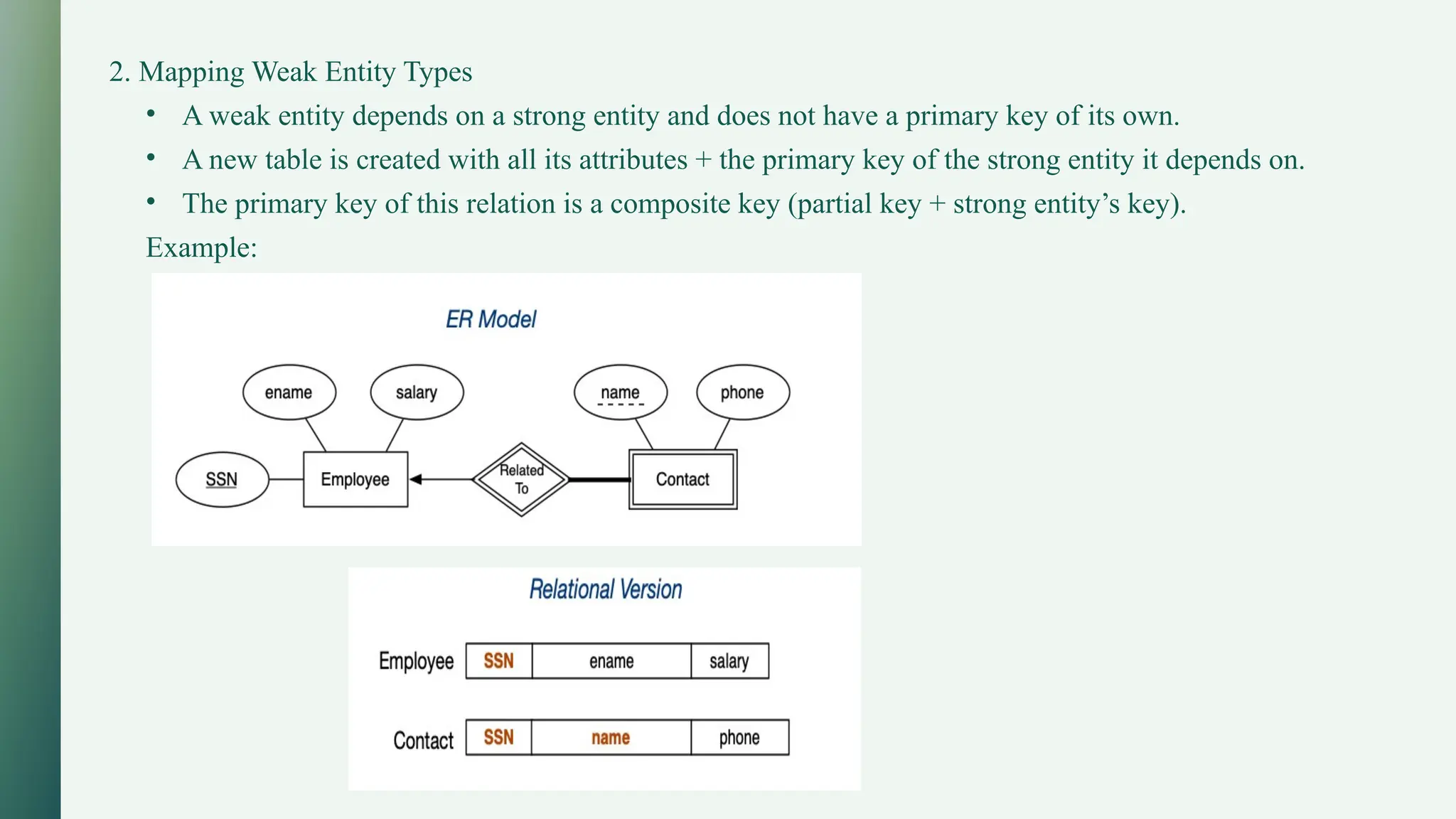 2. Mapping Weak Entity Types
• A weak entity depends on a strong entity and does not have a primary key of its own.
• A new table is created with all its attributes + the primary key of the strong entity it depends on.
• The primary key of this relation is a composite key (partial key + strong entity’s key).
Example:
 