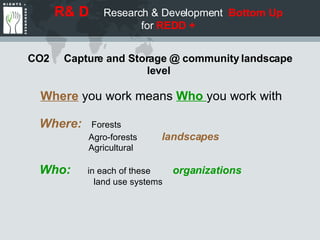 R& D   Research & Development  Bottom Up  for  REDD + CO2  Capture and Storage @ community landscape level  Where   you work means  Who  you work with Where:   Forests   Agro-forests  landscapes   Agricultural  Who:   in each of these  organizations   land use systems 