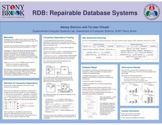 RDB: Repairable Database Systems

                                                                                              Alexey Smirnov and Tzi-cker Chiueh
                                                    Experimental Computer Systems Lab, Department of Computer Science, SUNY Stony Brook

Motivation                                                      Transaction Dependency Tracking                              SQL Statements Rewriting
Suppose you are a DBA and you have just noticed that
your database has been compromised 24 hours ago. How            To track dependencies successfully, the tracking             As a part of the dependency tracking mechanism, SQL proxy rewrites certain classes of SQL statements coming from a client.
would you repair the database?                                  mechanism should be able to intercept both read and
                                                                write actions performed by the database server. Possible
                                                                                                                                               Original statement                                                  Modified statement(s)
Currently, the only way to do this is to restore a database     ways of interception are:
                                                                                                                              SELECT t1.a1,…,t1.an,…,tk.ank FROM t1,…,tk WHERE c          SELECT t1.a1,…,t1.an,…,tk.ank, t1.trid,…,tk.trid FROM t1,…,tk WHERE c
backup and recommit all benign transactions manually.           •Database triggers (online) – cannot add a trigger for
                                                                SELECT statements;                                                                                                                      SELECT t.trid FROM t WHERE c
                                                                                                                             SELECT SUM(t.a) FROM t WHERE c GROUP BY t.b
Challenges: (1) How to tell which transactions are benign                                                                                                                                       SELECT SUM(t.a) FROM t WHERE c GROUP BY t.b
and which are malicious? Identifying the initial set of         •Database log analysis (offline) – read operations are not
                                                                logged; no run-time overhead is its big advantage.                  UPDATE t SET a1=v1,…,an=vn WHERE c                          UPDATE t SET a1=v1,…,an=vn, trid=curTrID WHERE c
malicious transactions is not enough because initial
damage can spread over the database by subsequent                                                                                 INSERT INTO t(a1,…,an) VALUES (v1,…,vn)                       INSERT INTO t(a1,…,an,trid) VALUES (v1,…,vn,curTrID)
                                                                •Tracking proxy (online) – a small program sitting between
benign transactions. (2) The amount of data can be huge                                                                                                                                                   INSERT INTO trans_dep(curTrID,…)
and the repair process is very error-prone. There is a need     a client and a server that intercepts all SQL statements                           COMMIT
a way to automate it.                                           sent by the client and results sent back by the server.                                                                                              COMMIT
                                                                RDB uses both second and third approaches to
Ideally, an intrusion-resilient DBMS should be able to          implement dependency tracking.
    Track inter-transaction dependencies;
    Perform a selective transaction rollback.
                                                                                                                             Database Repair                                                      Performance Results
We propose an implementation framework called RDB
that can render an off-the-self DBMS intrusion resilient                                                                     The database is repaired by compensating malicious                   We used TPC-C benchmark to evaluate the run-time
without modifying its internals. RDB has two major                                                                           transactions. When using RDB, the repair process                     overhead of JDBC proxy. The size of the test database was
components: tracking subsystem which runs at run-time                                                                        consists of the following steps:                                     about 4GB.
and recovery subsystem which runs offline.
                                                                                                                             • Database log analysis to reconstruct complete                      We varied the following parameters:
                                                                RDB inserts a proxy JDBC driver between the DB               dependency information and generate compensating                          Transaction mix (read intensive and read/write intensive);
                                                                server and a client that transparently intercepts all        transactions;                                                             Connection type (local or over a network);
                                                                queries and results. The proxy can be either on the
                                                                                                                                                                                                       Total footprint size W (effect of database cache);
                                                                client side or on the server side.                           • Dependency graph visualization;
                                                                                                                                                                                                  Our results suggest that the overhead of the proxy is between 6% and
Definition of Transaction Dependency                                                                                         • Repairing database by committing compensating                      13% for a typical load.
A read set of an SQL statement S is the set of rows                                                                          transactions.
fetched by this statement.                                                                                                   Different DBMSs provide different facilities for log
                                                                                                                             analysis. We have studied three database servers: Oracle
We will say that statement S2 depends on statement S1 if                                                                     9.2.0, PostgreSQL 7.2.2, and Sybase ASE 12.5.
at least one row from the read set of S2 was modified by                                                                     Eventually, all of them provide enough information to
S1. We will say that transaction T2 depends on transaction      The following changes are made to the database at the        generate compensating transactions.
T1 if at least one statement of T2 depends on a statement       time of its creation:
                                                                                                                                                           We used GraphViz – a free
from T1. This definition is prone to both false positives and
                                                                                                                                                          graph drawing software
false negatives. Example of a false positive dependency:             A new field tr_id is added to each table. It                                         from AT&T.
                                                                   contains the ID of last transaction that modified a
  A1      A2      A3                                               particular row;
                            T1: SET A2=5 WHERE                                                                                                            The application allows the
  100      5       5                                                 Table trans_dep(tr_id:INTEGER,
                            A1<250                                                                                                                        user to select an initial set
  200      5       6        T2: SELECT A3 WHERE                    dep_ids:VARCHAR) – stores IDs of                                                       of malicious transactions
                            A3>3                                   transactions that depend on transaction tr_id;                                         and computes its transitive
  300      1      7                                                  Table annot(tr_id:INTEGER,                                                           closure. Then the result
                                                                   descr:VARCHAR) – stores annotations for                                                can be refined by the user
Also, in general it is impossible to determine all                 transaction tr_id;                                                                     to build the final set of               Contact Information
transaction dependencies by looking at the traffic                                                                                                        transactions to be
                                                                                                                                                          compensated.                            ECSL Lab at SUNY Stony Brook:
between a client and the DB server only because part of         The proxy uses its own transaction Ids because there is                                                                           http://www.ecsl.cs.sunysb.edu
the logic may be inside the application itself.                 no standard way to access the internal transaction ID of
                                                                a database.                                                                                                                       E-mail: {alexey,chiueh}@cs.sunysb.edu
 