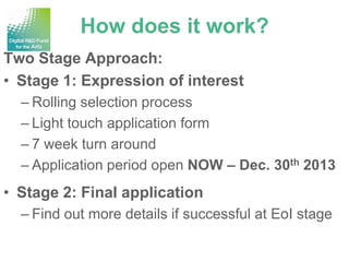 How does it work?
Two Stage Approach:
• Stage 1: Expression of interest
  – Rolling selection process
  – Light touch application form
  – 7 week turn around
  – Application period open NOW – Dec. 30th 2013
• Stage 2: Final application
  – Find out more details if successful at EoI stage
 