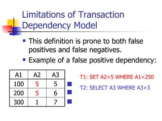 Limitations of Transaction Dependency Model This definition is prone to both false positives and false negatives. Example of a false positive dependency: T1: SET A2=5 WHERE A1<250 T2: SELECT A3 WHERE A3>3 7 1 300 6 5 200 5 5 100 A3 A2 A1 