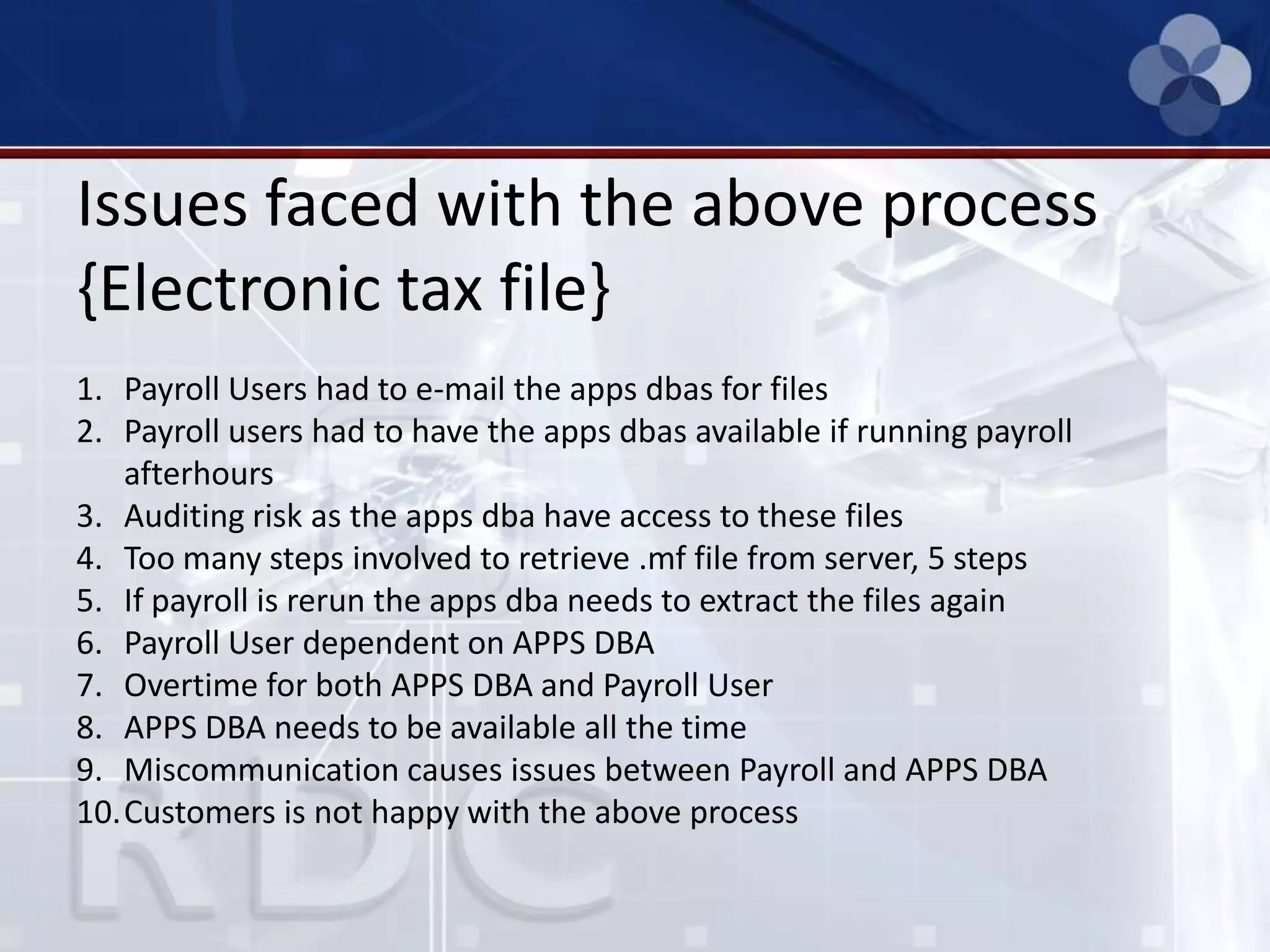 Issues faced with the above process
{Electronic tax file}
1. Payroll Users had to e-mail the apps dbas for files
2. Payroll users had to have the apps dbas available if running payroll
afterhours
3. Auditing risk as the apps dba have access to these files
4. Too many steps involved to retrieve .mf file from server, 5 steps
5. If payroll is rerun the apps dba needs to extract the files again
6. Payroll User dependent on APPS DBA
7. Overtime for both APPS DBA and Payroll User
8. APPS DBA needs to be available all the time
9. Miscommunication causes issues between Payroll and APPS DBA
10.Customers is not happy with the above process
 