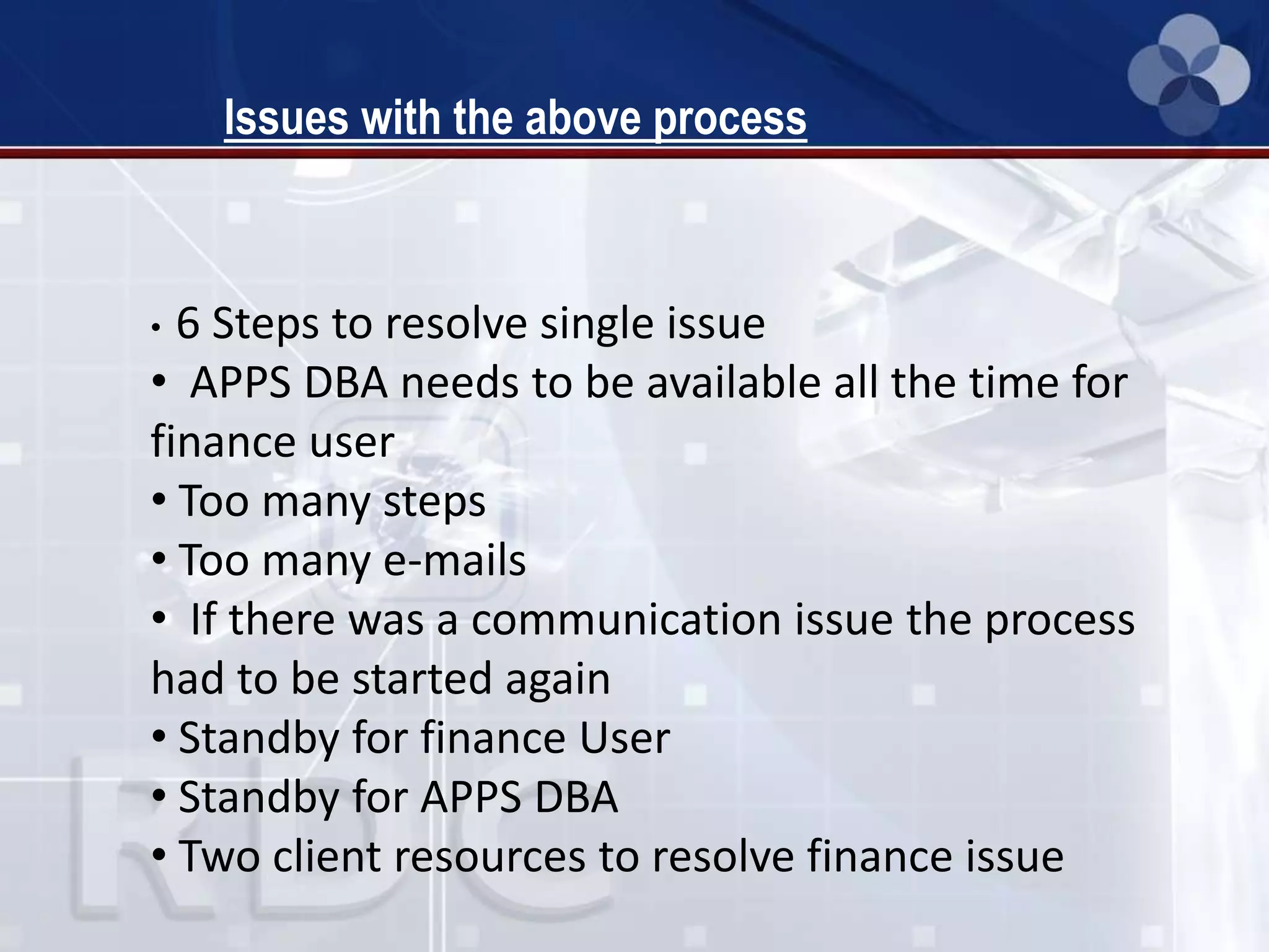 Issues with the above process
• 6 Steps to resolve single issue
• APPS DBA needs to be available all the time for
finance user
• Too many steps
• Too many e-mails
• If there was a communication issue the process
had to be started again
• Standby for finance User
• Standby for APPS DBA
• Two client resources to resolve finance issue
 