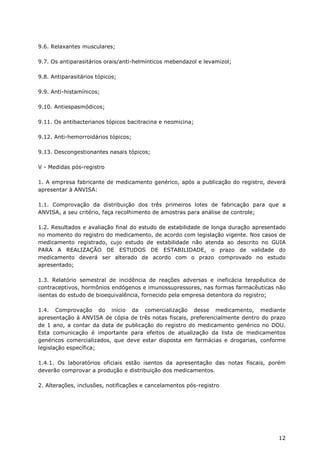 9.6. Relaxantes musculares;

9.7. Os antiparasitários orais/anti-helmínticos mebendazol e levamizol;

9.8. Antiparasitários tópicos;

9.9. Anti-histamínicos;

9.10. Antiespasmódicos;

9.11. Os antibacterianos tópicos bacitracina e neomicina;

9.12. Anti-hemorroidários tópicos;

9.13. Descongestionantes nasais tópicos;

V - Medidas pós-registro

1. A empresa fabricante de medicamento genérico, após a publicação do registro, deverá
apresentar à ANVISA:

1.1. Comprovação da distribuição dos três primeiros lotes de fabricação para que a
ANVISA, a seu critério, faça recolhimento de amostras para análise de controle;

1.2. Resultados e avaliação final do estudo de estabilidade de longa duração apresentado
no momento do registro do medicamento, de acordo com legislação vigente. Nos casos de
medicamento registrado, cujo estudo de estabilidade não atenda ao descrito no GUIA
PARA A REALIZAÇÃO DE ESTUDOS DE ESTABILIDADE, o prazo de validade do
medicamento deverá ser alterado de acordo com o prazo comprovado no estudo
apresentado;

1.3. Relatório semestral de incidência de reações adversas e ineficácia terapêutica de
contraceptivos, hormônios endógenos e imunossupressores, nas formas farmacêuticas não
isentas do estudo de bioequivalência, fornecido pela empresa detentora do registro;

1.4. Comprovação do início da comercialização desse medicamento, mediante
apresentação à ANVISA de cópia de três notas fiscais, preferencialmente dentro do prazo
de 1 ano, a contar da data de publicação do registro do medicamento genérico no DOU.
Esta comunicação é importante para efeitos de atualização da lista de medicamentos
genéricos comercializados, que deve estar disposta em farmácias e drogarias, conforme
legislação específica;

1.4.1. Os laboratórios oficiais estão isentos da apresentação das notas fiscais, porém
deverão comprovar a produção e distribuição dos medicamentos.

2. Alterações, inclusões, notificações e cancelamentos pós-registro




                                                                                     12
 