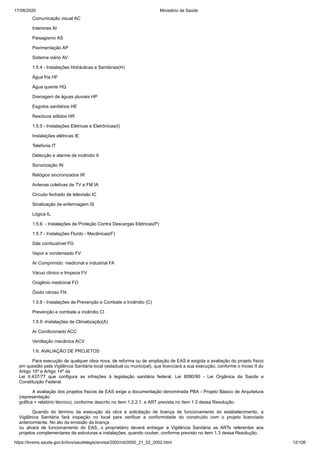 17/08/2020 Ministério da Saúde
https://bvsms.saude.gov.br/bvs/saudelegis/anvisa/2002/rdc0050_21_02_2002.html 12/106
Comunicação visual AC
Interiores AI
Paisagismo AS
Pavimentação AP
Sistema viário AV
1.5.4 - Instalações Hidráulicas e Sanitárias(H)
Água fria HF
Água quente HQ
Drenagem de águas pluviais HP
Esgotos sanitários HE
Resíduos sólidos HR
1.5.5 - Instalações Elétricas e Eletrônicas(I)
Instalações elétricas IE
Telefonia IT
Detecção e alarme de incêndio II
Sonorização IN
Relógios sincronizados IR
Antenas coletivas de TV e FM IA
Circuito fechado de televisão IC
Sinalização de enfermagem IS
Lógica IL
1.5.6. - Instalações de Proteção Contra Descargas Elétricas(P)
1.5.7 - Instalações Fluído - Mecânicas(F)
Gás combustível FG
Vapor e condensado FV
Ar Comprimido: medicinal e industrial FA
Vácuo clínico e limpeza FV
Oxigênio medicinal FO
Óxido nitroso FN
1.5.8 - Instalações de Prevenção e Combate a Incêndio (C)
Prevenção e combate a incêndio CI
1.5.9 -Instalações de Climatização(A)
Ar Condicionado ACC
Ventilação mecânica ACV
1.6. AVALIAÇÃO DE PROJETOS
Para execução de qualquer obra nova, de reforma ou de ampliação de EAS é exigida a avaliação do projeto físico
em questão pela Vigilância Sanitária local (estadual ou municipal), que licenciará a sua execução, conforme o Inciso II do
Artigo 10º e Artigo 14º da
Lei 6.437/77 que configura as infrações à legislação sanitária federal, Lei 8080/90 - Lei Orgânica da Saúde e
Constituição Federal.
A avaliação dos projetos físicos de EAS exige a documentação denominada PBA - Projeto Básico de Arquitetura
(representação
gráfica + relatório técnico), conforme descrito no item 1.2.2.1. e ART prevista no item 1.3 dessa Resolução.
Quando do término da execução da obra e solicitação de licença de funcionamento do estabelecimento, a
Vigilância Sanitária fará inspeção no local para verificar a conformidade do construído com o projeto licenciado
anteriormente. No ato da emissão da licença
ou alvará de funcionamento do EAS, o proprietário deverá entregar a Vigilância Sanitária as ARTs referentes aos
projetos complementares de estruturas e instalações, quando couber, conforme previsto no item 1.3 dessa Resolução.
 
