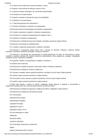 17/08/2020 Ministério da Saúde
https://bvsms.saude.gov.br/bvs/saudelegis/anvisa/2002/rdc0050_21_02_2002.html 24/106
8.1.5-costurar e/ou confeccionar, quando necessário, a roupa;
8.1.6-passar a roupa através de calandra, prensa ou ferro;
8.1.7-separar e preparar (dobragem, etc.) as demais roupas lavadas;
8.1.8-armazenar as roupas lavadas;
8.1.9-separar e preparar os pacotes da roupa a ser esterilizada;
8.1.10-distribuir as roupas lavadas;
8.1.11-zelar pela segurança dos operadores; e
8.1.12-limpar e desinfectar o ambiente e os equipamentos.
8.2-Executar serviços de armazenagem de materiais e equipamentos:
8.2.1-receber, inspecionar e registrar os materiais e equipamentos;
8.2.2-armazenar os materiais e equipamentos por categoria e tipo; e
8.2.3-distribuir os materiais e equipamentos.
8.3-Proporcionar condições técnicas para revelação, impressão e guarda de chapas e filmes:
8.4-Executar a manutenção do estabelecimento:
8.4.1-receber e inspecionar equipamentos, mobiliário e utensílios;
8.4.2-executar a manutenção predial (obras civis e serviços de alvenaria, hidráulica, mecânica, elétrica,
carpintaria, marcenaria, serralharia, jardinagem, serviços de chaveiro);
8.4.3-executar a manutenção dos equipamentos de saúde:assistenciais, de apoio, de infra-estrutura e gerais,
mobiliário e utensílios (serviços de mecânica, eletrônica, eletromecânica, ótica, gasotécnica, usinagem, refrigeração,
serralharia, pintura, marcenaria e estofaria);
8.4.4-guardar e distribuir os equipamentos, mobiliário e utensílios; e
8.4.5-alienar bens inservíveis.
8.5-Proporcionar condições de guarda, conservação, velório e retirada de cadáveres.
8.6-Proporcionar condições de conforto e higiene aos:
8.6.1-paciente: recepção, espera, guarda de pertences, recreação, troca de roupa e higiene pessoal;
8.6.2-doador: espera, guarda de pertences e higiene pessoal;
8.6.3-funcionário e aluno: descanso, guarda de pertences, troca de roupa e higiene pessoal;
8.6.4-público: espera, guarda de pertences e higiene pessoal.
8.7-Zelar pela limpeza e higiene do edifício, instalações eáreas externas e materiais e instrumentais e
equipamentos assistenciais, bem como pelo gerenciamento de resíduos sólidos.
8.8-Proporcionar condições de segurança e vigilância do edifício, instalações e áreas externas.
8.9-Proporcionar condições de infra-estrutura predial:
8.9.1-de produção:
a)abastecimento de água;
b)alimentação energética;
c)geração de energia;
d)geração de vapor; e,
e)geração de água e ar frio.
8.9.2-de distribuição ou coleta:
a)efluentes;
b)resíduos sólidos;
c)resíduos radioativos.
8.9.3-reservação, lançamento ou tratamento:
a)água;
b)gases combustíveis (GLP e outros);
 
