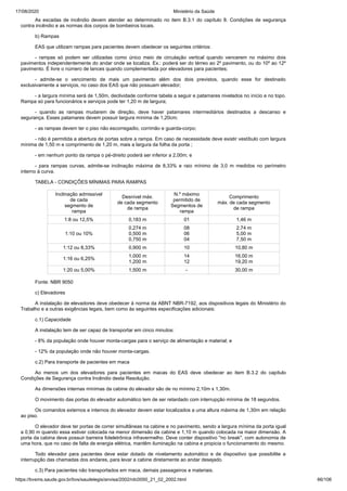 17/08/2020 Ministério da Saúde
https://bvsms.saude.gov.br/bvs/saudelegis/anvisa/2002/rdc0050_21_02_2002.html 66/106
As escadas de incêndio devem atender ao determinado no item B.3.1 do capítulo 8. Condições de segurança
contra incêndio e as normas dos corpos de bombeiros locais.
b) Rampas
EAS que utilizam rampas para pacientes devem obedecer os seguintes critérios:
- rampas só podem ser utilizadas como único meio de circulação vertical quando vencerem no máximo dois
pavimentos independentemente do andar onde se localiza. Ex.: poderá ser do térreo ao 2º pavimento, ou do 10º ao 12º
pavimento. É livre o número de lances quando complementada por elevadores para pacientes;
- admite-se o vencimento de mais um pavimento além dos dois previstos, quando esse for destinado
exclusivamente a serviços, no caso dos EAS que não possuam elevador;
- a largura mínima será de 1,50m, declividade conforme tabela a seguir e patamares nivelados no início e no topo.
Rampa só para funcionários e serviços pode ter 1,20 m de largura;
- quando as rampas mudarem de direção, deve haver patamares intermediários destinados a descanso e
segurança. Esses patamares devem possuir largura mínima de 1,20cm;
- as rampas devem ter o piso não escorregadio, corrimão e guarda-corpo;
- não é permitida a abertura de portas sobre a rampa. Em caso de necessidade deve existir vestíbulo com largura
mínima de 1,50 m e comprimento de 1,20 m, mais a largura da folha da porta ;
- em nenhum ponto da rampa o pé-direito poderá ser inferior a 2,00m; e
- para rampas curvas, admite-se inclinação máxima de 8,33% e raio mínimo de 3,0 m medidos no perímetro
interno à curva.
TABELA - CONDIÇÕES MÍNIMAS PARA RAMPAS
Inclinação admissível
de cada
segmento de
rampa
Desnível máx.
de cada segmento
de rampa
N.º máximo
permitido de
Segmentos de
rampa
Comprimento
máx. de cada segmento
de rampa
1:8 ou 12,5% 0,183 m 01 1,46 m
1:10 ou 10%
0,274 m
0,500 m
0,750 m
08
06
04
2,74 m
5,00 m
7,50 m
1:12 ou 8,33% 0,900 m 10 10,80 m
1:16 ou 6,25%
1,000 m
1,200 m
14
12
16,00 m
19,20 m
1:20 ou 5,00% 1,500 m - 30,00 m
Fonte: NBR 9050
c) Elevadores
A instalação de elevadores deve obedecer à norma da ABNT NBR-7192, aos dispositivos legais do Ministério do
Trabalho e a outras exigências legais, bem como às seguintes especificações adicionais:
c.1) Capacidade
A instalação tem de ser capaz de transportar em cinco minutos:
- 8% da população onde houver monta-cargas para o serviço de alimentação e material; e
- 12% da população onde não houver monta-cargas.
c.2) Para transporte de pacientes em maca
Ao menos um dos elevadores para pacientes em macas do EAS deve obedecer ao item B.3.2 do capítulo
Condições de Segurança contra Incêndio desta Resolução.
As dimensões internas mínimas da cabine do elevador são de no mínimo 2,10m x 1,30m.
O movimento das portas do elevador automático tem de ser retardado com interrupção mínima de 18 segundos.
Os comandos externos e internos do elevador devem estar localizados a uma altura máxima de 1,30m em relação
ao piso.
O elevador deve ter portas de correr simultâneas na cabine e no pavimento, sendo a largura mínima da porta igual
a 0,90 m quando essa estiver colocada na menor dimensão da cabine e 1,10 m quando colocada na maior dimensão. A
porta da cabina deve possuir barreira foteletrônica infravermelho. Deve conter dispositivo "no break", com autonomia de
uma hora, que no caso de falta de energia elétrica, mantêm iluminação na cabina e propicia o funcionamento do mesmo.
Todo elevador para pacientes deve estar dotado de nivelamento automático e de dispositivo que possibilite a
interrupção das chamadas dos andares, para levar a cabine diretamente ao andar desejado.
c.3) Para pacientes não transportados em maca, demais passageiros e materiais.
 