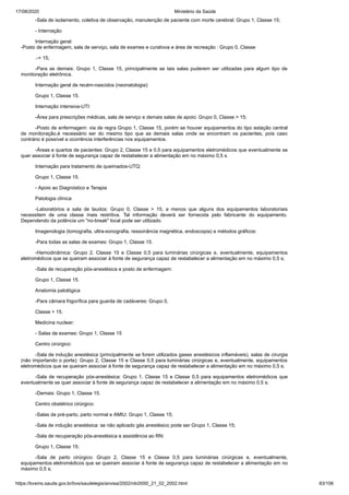 17/08/2020 Ministério da Saúde
https://bvsms.saude.gov.br/bvs/saudelegis/anvisa/2002/rdc0050_21_02_2002.html 83/106
-Sala de isolamento, coletiva de observação, manutenção de paciente com morte cerebral: Grupo 1, Classe 15;
- Internação
Internação geral:
-Posto de enfermagem, sala de serviço, sala de exames e curativos e área de recreação : Grupo 0, Classe
.-+ 15;
-Para as demais: Grupo 1, Classe 15, principalmente se tais salas puderem ser utilizadas para algum tipo de
monitoração eletrônica.
Internação geral de recém-nascidos (neonatologia):
Grupo 1, Classe 15.
Internação intensiva-UTI:
-Área para prescrições médicas, sala de serviço e demais salas de apoio: Grupo 0, Classe > 15;
-Posto de enfermagem: via de regra Grupo 1, Classe 15, porém se houver equipamentos do tipo estação central
de monitoração,é necessário ser do mesmo tipo que as demais salas onde se encontram os pacientes, pois caso
contrário é possível a ocorrência interferências nos equipamentos.
-Áreas e quartos de pacientes: Grupo 2, Classe 15 e 0,5 para equipamentos eletromédicos que eventualmente se
quer associar à fonte de segurança capaz de restabelecer a alimentação em no máximo 0,5 s.
Internação para tratamento de queimados-UTQ:
Grupo 1, Classe 15.
- Apoio ao Diagnóstico e Terapia
Patologia clínica:
-Laboratórios e sala de laudos: Grupo 0, Classe > 15, a menos que alguns dos equipamentos laboratoriais
necessitem de uma classe mais restritiva. Tal informação deverá ser fornecida pelo fabricante do equipamento.
Dependendo da potência um "no-break" local pode ser utilizado.
Imagenologia (tomografia, ultra-sonografia, ressonância magnética, endoscopia) e métodos gráficos:
-Para todas as salas de exames: Grupo 1, Classe 15.
-Hemodinâmica: Grupo 2, Classe 15 e Classe 0,5 para luminárias cirúrgicas e, eventualmente, equipamentos
eletromédicos que se queiram associar à fonte de segurança capaz de restabelecer a alimentação em no máximo 0,5 s;
-Sala de recuperação pós-anestésica e posto de enfermagem:
Grupo 1, Classe 15.
Anatomia patológica
-Para câmara frigorífica para guarda de cadáveres: Grupo 0,
Classe > 15.
Medicina nuclear:
- Salas de exames: Grupo 1, Classe 15
Centro cirúrgico:
-Sala de indução anestésica (principalmente se forem utilizados gases anestésicos inflamáveis), salas de cirurgia
(não importando o porte): Grupo 2, Classe 15 e Classe 0,5 para luminárias cirúrgicas e, eventualmente, equipamentos
eletromédicos que se queiram associar à fonte de segurança capaz de restabelecer a alimentação em no máximo 0,5 s;
-Sala de recuperação pós-anestésica: Grupo 1, Classe 15 e Classe 0,5 para equipamentos eletromédicos que
eventualmente se quer associar à fonte de segurança capaz de restabelecer a alimentação em no máximo 0,5 s;
-Demais: Grupo 1, Classe 15.
Centro obstétrico cirúrgico:
-Salas de pré-parto, parto normal e AMIU: Grupo 1, Classe 15;
-Sala de indução anestésica: se não aplicado gás anestésico pode ser Grupo 1, Classe 15;
-Sala de recuperação pós-anestésica e assistência ao RN:
Grupo 1, Classe 15;
-Sala de parto cirúrgico: Grupo 2, Classe 15 e Classe 0,5 para luminárias cirúrgicas e, eventualmente,
equipamentos eletromédicos que se queiram associar à fonte de segurança capaz de restabelecer a alimentação em no
máximo 0,5 s;
 