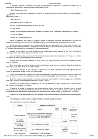 17/08/2020 Ministério da Saúde
https://bvsms.saude.gov.br/bvs/saudelegis/anvisa/2002/rdc0050_21_02_2002.html 90/106
O dispositivo especial de mistura deve operar automaticamente, produzindo ar comprimido sintético com a
especificação requerida, em qualquer condição de demanda do EAS.
7.3.3.3. Óxido Nitroso (FN)
Utilizado em procedimentos anestésicos, o sistema de abastecimento pode ser centralizado ou descentralizado,
seguindo-se as
orientações do item 7.3.3.
7.3.4. Vácuo (FV)
SISTEMAS DE ABASTECIMENTO
São dois os sistemas independentes de vácuo no EAS:
a) Vácuo clínico:
Utilizado em procedimentos terapêuticos, deve ser do tipo seco, isto é, o material é coletado junto do paciente.
b) Vácuo de limpeza:
Utilizado para fins não terapêuticos.
Ambos os sistemas, em função do consumo, podem ser atendidos de forma descentralizada, por meio de
equipamentos colocados junto ao ponto de utilização, ou de forma centralizada, através de equipamento central.
No que se refere ao vácuo clínico, o sistema central deve ser operado por, no mínimo, duas bombas, com
capacidades equivalentes.Cada bomba deve ter capacidade de 100% do consumo máximo provável, com possibilidade
de funcionar alternadamente ou em paralelo em caso de emergência.
No caso de um sistema com duas bombas ou mais a capacidade destas deve ser tal que 100% do consumo
máximo provável possa ser mantido por uma bomba reserva.
Um reservatório de vácuo deve ser previsto em todos os sistemas de vácuo hospitalar, a fim de que as bombas
não tenham de operar continuamente sob baixa demanda.
Somente pode ser utilizado o sistema de vácuo clínico com coleta do produto aspirado em recipiente junto ao
ponto de utilização.
Deve ser previsto um sistema de alarme de emergência por sinal luminoso e sonoro, alertando a queda do
sistema de vácuo, abaixo de 26,64 kPa (200 mm Hg).
Cada posto de utilização de vácuo deve ser equipado com uma válvula autovedante, e rotulado legivelmente com
o nome ou abreviatura, símbolo e cores para identificação.
Devem ser instalados em paralelo dois filtros bacteriológicos à montante do reservatório de vácuo exceto nos
casos de sistemas de vácuo providos de outros sistemas de desinfecção do gás aspirado na rede e a ser exaurido.
Cada filtro deve ter uma capacidade de retenção de partículas acima de 0,1m m. Sua montagem deve ser feita de
modo que a troca dos mesmos seja feita de maneira simples e segura.
A utilização do "sistema Venturi" para geração de vácuo só é permitida quando acoplada a um sistema de filtro
que impeça a contaminação do ambiente.
A descarga da central de vácuo deve ser obrigatoriamente dirigida para o exterior do prédio, com o terminal
voltado para baixo, devidamente telado, preferivelmente acima do telhado da central de vácuo e das construções
vizinhas e localizado a uma distância mínima de 3,0m de qualquer porta, janela, entrada de ar ou abertura do edifício.
Uma placa de sinalização de atenção e risco deve ser adequadamente colocada próxima ao ponto de descarga do
vácuo.
7.4 - CONSUMO DE OXIGÊNIO, AR COMPRIMIDO, VÁCUO E ÓXIDO NITROSO
Número de Postos por Local de Utilização
LOCAL NÚMERO DE POSTOS
Oxigênio
Óxido
Nitroso
Vácuo
Clínico
Ar
Comprimido
Medicinal
Sala de Inalação
Caso não haja ar comprimido disponível
no EAS, o mesmo deve ser substituído
por 1 ponto de O2 por cadeira
- -
1 para cada
cadeira
Consultório
Odontologia
- -
1 por
equipo
1 por equipo
Sala de Suturas
/curativos
1 para cada 2 leitos ou fração - - -
Sala de Isolamento
da e m e rg ê n c i a
1 para cada 2 leitos ou fração -
1 ponto
para cada
2 leitos
-
Sala Observação 1 para cada leito. Caso não haja ar - - 1 para cada
 