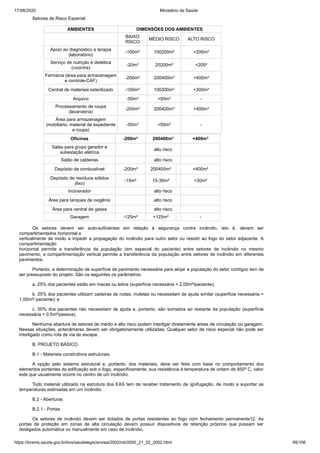 17/08/2020 Ministério da Saúde
https://bvsms.saude.gov.br/bvs/saudelegis/anvisa/2002/rdc0050_21_02_2002.html 95/106
Setores de Risco Especial
AMBIENTES DIMENSÕES DOS AMBIENTES
BAIXO
RISCO
MÉDIO RISCO ALTO RISCO
Apoio ao diagnóstico e terapia
(laboratório)
-100m² 100200m² +200m²
Serviço de nutrição e dietética
(cozinha)
-20m² 20200m² +200²
Farmácia (área para armazenagem
e controle-CAF)
-200m³ 200400m³ +400m³
Central de materiais esterilizado -100m³ 100300m³ +300m³
Arquivo -50m³ +50m³ -
Processamento de roupa
(lavanderia)
-200m³ 200400m³ +400m³
Área para armazenagem
(mobiliário, material de expediente
e roupa)
-50m³ +50m³ -
Oficinas -200m³ 200400m³ +400m³
Salas para grupo gerador e
subestação elétrica
alto risco
Salão de caldeiras alto risco
Depósito de combustível -200m³ 200400m³ +400m³
Depósito de resíduos sólidos
(lixo)
-15m² 15-30m² +30m²
Incinerador alto risco
Área para tanques de oxigênio alto risco
Área para central de gases alto risco
Garagem -125m² +125m² -
Os setores devem ser auto-suficientes em relação à segurança contra incêndio, isto é, devem ser
compartimentados horizontal e
verticalmente de modo a impedir a propagação do incêndio para outro setor ou resistir ao fogo do setor adjacente. A
compartimentação
horizontal permite a transferência da população (em especial do paciente) entre setores de incêndio no mesmo
pavimento; a compartimentação vertical permite a transferência da população entre setores de incêndio em diferentes
pavimentos.
Portanto, a determinação de superfície de pavimento necessária para alojar a população do setor contíguo tem de
ser pressuposto do projeto. São os seguintes os parâmetros:
a. 25% dos pacientes estão em macas ou leitos (superfície necessária = 2,00m²/paciente);
b. 25% dos pacientes utilizam cadeiras de rodas, muletas ou necessitam de ajuda similar (superfície necessária =
1,00m²/ paciente); e
c. 50% dos pacientes não necessitam de ajuda e, portanto, são somados ao restante da população (superfície
necessária = 0.5m²/pessoa).
Nenhuma abertura de setores de médio e alto risco podem interligar diretamente áreas de circulação ou garagem.
Nessas situações, antecâmaras devem ser obrigatoriamente utilizadas. Qualquer setor de risco especial não pode ser
interligado como rota de via de escape.
B. PROJETO BÁSICO
B.1 - Materiais construtivos estruturais
A opção pelo sistema estrutural e, portanto, dos materiais, deve ser feita com base no comportamento dos
elementos portantes da edificação sob o fogo, especificamente, sua resistência à temperatura de ordem de 850º C, valor
este que usualmente ocorre no centro de um incêndio.
Todo material utilizado na estrutura dos EAS tem de receber tratamento de ignifugação, de modo a suportar as
temperaturas estimadas em um incêndio.
B.2 - Aberturas
B.2.1 - Portas
Os setores de incêndio devem ser dotados de portas resistentes ao fogo com fechamento permanente12. As
portas de proteção em zonas de alta circulação devem possuir dispositivos de retenção próprios que possam ser
desligados automática ou manualmente em caso de incêndio.
 