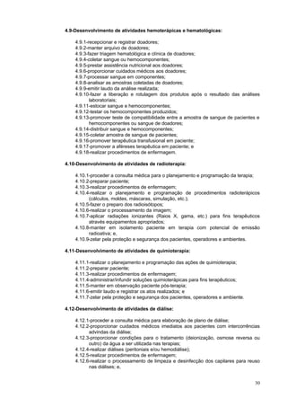 30
4.9-Desenvolvimento de atividades hemoterápicas e hematológicas:
4.9.1-recepcionar e registrar doadores;
4.9.2-manter arquivo de doadores;
4.9.3-fazer triagem hematológica e clínica de doadores;
4.9.4-coletar sangue ou hemocomponentes;
4.9.5-prestar assistência nutricional aos doadores;
4.9.6-proporcionar cuidados médicos aos doadores;
4.9.7-processar sangue em componentes;
4.9.8-analisar as amostras coletadas de doadores;
4.9.9-emitir laudo da análise realizada;
4.9.10-fazer a liberação e rotulagem dos produtos após o resultado das análises
laboratoriais;
4.9.11-estocar sangue e hemocomponentes;
4.9.12-testar os hemocomponentes produzidos;
4.9.13-promover teste de compatibilidade entre a amostra de sangue de pacientes e
hemocomponentes ou sangue de doadores;
4.9.14-distribuir sangue e hemocomponentes;
4.9.15-coletar amostra de sangue de pacientes;
4.9.16-promover terapêutica transfusional em paciente;
4.9.17-promover a aféreses terapêutica em paciente; e
4.9.18-realizar procedimentos de enfermagem.
4.10-Desenvolvimento de atividades de radioterapia:
4.10.1-proceder a consulta médica para o planejamento e programação da terapia;
4.10.2-preparar paciente;
4.10.3-realizar procedimentos de enfermagem;
4.10.4-realizar o planejamento e programação de procedimentos radioterápicos
(cálculos, moldes, máscaras, simulação, etc.);
4.10.5-fazer o preparo dos radioisótopos;
4.10.6-realizar o processamento da imagem;
4.10.7-aplicar radiações ionizantes (Raios X, gama, etc.) para fins terapêuticos
através equipamentos apropriados;
4.10.8-manter em isolamento paciente em terapia com potencial de emissão
radioativa; e,
4.10.9-zelar pela proteção e segurança dos pacientes, operadores e ambientes.
4.11-Desenvolvimento de atividades de quimioterapia:
4.11.1-realizar o planejamento e programação das ações de quimioterapia;
4.11.2-preparar paciente;
4.11.3-realizar procedimentos de enfermagem;
4.11.4-administrar/infundir soluções quimioterápicas para fins terapêuticos;
4.11.5-manter em observação paciente pós-terapia;
4.11.6-emitir laudo e registrar os atos realizados; e
4.11.7-zelar pela proteção e segurança dos pacientes, operadores e ambiente.
4.12-Desenvolvimento de atividades de diálise:
4.12.1-proceder a consulta médica para elaboração de plano de diálise;
4.12.2-proporcionar cuidados médicos imediatos aos pacientes com intercorrências
advindas da diálise;
4.12.3-proporcionar condições para o tratamento (deionização, osmose reversa ou
outro) da água a ser utilizada nas terapias;
4.12.4-realizar diálises (peritoniais e/ou hemodiálise);
4.12.5-realizar procedimentos de enfermagem;
4.12.6-realizar o processamento de limpeza e desinfecção dos capilares para reuso
nas diálises; e,
 
