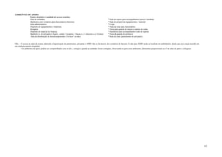 61
AMBIENTES DE APOIO:
Centro obstétrico ( unidade de acesso restrito):
-Sala de utilidades *-Sala de espera para acompanhantes (anexa à unidade)
-Banheiros com vestiários para funcionários (barreira) *-Sala de preparo de equipamentos / material
-Sala administrativa *-Copa
-Depósito de equipamentos e materiais *-Sala de estar para funcionários
-Rouparia *-Área para guarda de macas e cadeira de rodas
-Depósito de material de limpeza *-Sanitários para acompanhantes (sala de espera)
-Banheiro (s. de pré-parto e higien., sendo 1 lavatório, 1 bacia s. e 1 chuveiro a c/ 4 leitos) *-Área de guarda de pertences
- Sala de distribuição de hemocomponentes (“in loco” ou não) *-Sala de estar (parturientes do pré-parto)
Obs.: - O acesso as salas de exame admissão e higienização de parturientes, pré-parto e AMIU não se dá através dos vestiários de barreira. A sala para AMIU pode se localizar em ambulatório, desde que esse esteja inserido em
um estabelecimento hospitalar.
- Os ambientes de apoio podem ser compartilhados com os do c. cirúrgico quando as unidades forem contígüas, observando-se para esses ambientes, dimensões porporcionais ao nº de salas de parto e cirúrgicas.
 