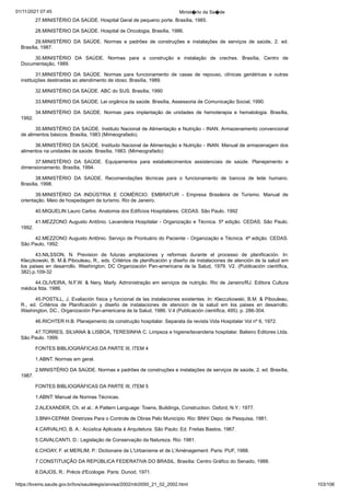 01/11/2021 07:45 Minist�rio da Sa�de
https://bvsms.saude.gov.br/bvs/saudelegis/anvisa/2002/rdc0050_21_02_2002.html 103/106
27.MINISTÉRIO DA SAÚDE. Hospital Geral de pequeno
porte. Brasília, 1985.
28.MINISTÉRIO DA SAÚDE. Hospital de Oncologia, Brasília,
1986.
29.MINISTÉRIO DA SAÚDE. Normas e padrões de construções
 e instalações de serviços de saúde, 2. ed.
Brasília, 1987.
30.MINISTÉRIO DA SAÚDE. Normas para a construção e
 instalação de creches. Brasília, Centro de
Documentação, 1989.
31.MINISTÉRIO DA SAÚDE. Normas para funcionamento
 de casas de repouso, clínicas geriátricas e outras
instituições destinadas
ao atendimento de idoso. Brasília, 1989.
32.MINISTÉRIO DA SAÚDE. ABC do SUS. Brasília,
1990
33.MINISTÉRIO DA SAÚDE. Lei orgânica da saúde. Brasília,
Assessoria de Comunicação Social, 1990.
34.MINISTÉRIO DA SAÚDE. Normas para implantação de
 unidades de hemoterapia e hematologia. Brasília,
1992.
35.MINISTÉRIO DA SAÚDE. Instituto Nacional de Alimentação
e Nutrição - INAN. Armazenamento convencional
de alimentos
básicos. Brasília, 1983 (Mimeografado).
36.MINISTÉRIO DA SAÚDE. Institudo Nacional de Alimentação
e Nutrição - INAN. Manual de armazenagem dos
alimentos
na unidades de saúde. Brasília, 1983. (Mimeografado)
37.MINISTÉRIO DA SAÚDE. Equipamentos para estabelecimentos
 assistenciais de saúde. Planejamento e
dimensionamento.
Brasília, 1994.
38.MINISTÉRIO DA SAÚDE. Recomendações técnicas para
 o funcionamento de bancos de leite humano.
Brasília, 1998.
39.MINISTÉRIO DA INDÚSTRIA E COMÉRCIO. EMBRATUR
 - Empresa Brasileira de Turismo. Manual de
orientação.
Meio de hospedagem de turismo. Rio de Janeiro.
40.MIQUELIN Lauro Carlos. Anatomia dos Edifícios Hospitalares.
CEDAS. São Paulo. 1992
41.MEZZONO Augusto Antônio. Lavanderia Hospitalar -
Organização e Técnica. 5ª edição. CEDAS. São Paulo.
1992.
42.MEZZONO Augusto Antônio. Serviço de Prontuário do
Paciente - Organização e Técnica. 4ª edição. CEDAS.
São Paulo,
1992.
43.NILSSON, N. Prevision de futuras ampliaciones y reformas
 durante el processo de planificación. In:
Kleczkowski, B. M.& Pibouleau, R., eds. Critérios de planificación y diseño de instalaciones
de atención de la salud em
los paises en desarrollo.
Washington, DC Organización Pan-americana de la Salud, 1979. V2.
(Publicación científica,
382).p.109-32
44.OLIVEIRA, N.F.W. & Nery, Marly. Administração em
serviços de nutrição. Rio de Janeiro/RJ. Editora Cultura
médica ltda.
1986.
45.POSTILL, J. Evaliación física y funcional de las instalaciones
existentes. In: Klecczkowski, B.M. & Pibouleau,
R., ed.
 Critérios de Planificación y diseño de instalaciones de atencion de la
 salud em los paises en desarrollo.
Washington, DC., Organización
Pan-americana de la Salud, 1986. V.4 (Publicación científica, 495). p.
286-304.
46.RICHTER H.B. Planejamento da construção hospitalar.
Separata da revista Vida Hospitalar Vol nº 6, 1972.
47.TORRES, SILVANA & LISBOA, TERESINHA C. Limpeza
e higiene/lavanderia hospitalar. Balieiro Editores Ltda.
São Paulo.
1999.
FONTES BIBLIOGRÁFICAS DA PARTE III, ITEM 4
1.ABNT. Normas em geral.
2.MINISTÉRIO DA SAÚDE. Normas e padrões de construções
e instalações de serviços de saúde, 2. ed. Brasília,
1987.
FONTES BIBLIOGRÁFICAS DA PARTE III, ITEM 5
1.ABNT: Manual de Normas Técnicas.
2.ALEXANDER, Ch. et al.: A Pattern Language: Towns,
Buildings, Construction. Oxford, N.Y.: 1977.
3.BNH-CEPAM: Diretrizes Para o Controle de Obras Pelo
Município. Rio: BNH/ Depo. de Pesquisa, 1981.
4.CARVALHO, B. A.: Acústica Aplicada à Arquitetura. São
Paulo: Ed. Freitas Bastos, 1967.
5.CAVALCANTI, D.: Legislação de Conservação da Natureza.
Rio: 1981.
6.CHOAY, F. et MERLIM, P.: Dictionaire de L'Urbanisme et
de L'Aménagement. Paris: PUF, 1988.
7.CONSTITUIÇÃO DA REPÚBLICA FEDERATIVA DO
BRASIL. Brasília: Centro Gráfico do Senado, 1988.
8.DAJOS, R.: Précis d'Ecologie. Paris: Dunod, 1971.
 