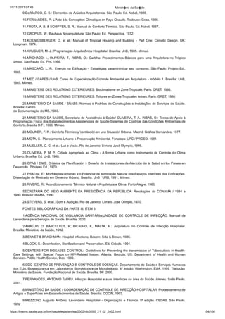 01/11/2021 07:45 Minist�rio da Sa�de
https://bvsms.saude.gov.br/bvs/saudelegis/anvisa/2002/rdc0050_21_02_2002.html 104/106
9.De MARCO, C. S.: Elementos de Acústica Arquitetônica.
São Paulo: Ed. Nobel, 1986.
10.FERNANDES, P.: L'Aide à la Conception Climatique en
Pays Chauds. Toulouse: Ceaa, 1986.
11.FROTA, A. B. & SCHIFFER, S. R.: Manual de Conforto
Térmico. São Paulo: Ed. Nobel, 1987.
12.GROPIUS, W.: Bauhaus Novarquitetura. São Paulo: Ed.
Perspectiva, 1972.
13.KOENIGSBERGER, O. et al.: Manual of Tropical Housing
 and Building - Part One: Climatic Design. UK:
Longman,
1974.
14.KRUGUER, M. J.: Programação Arquitetônica Hospitalar.
Brasília: UnB, 1985. Mímeo.
15.MACHADO, I., OLIVEIRA, T., RIBAS, O.: Cartilha:
 Procedimentos Básicos para uma Arquitetura no Trópico
úmido. São
Paulo: Ed. Pini, 1986.
16.MASCARÓ, L. R.: Energia na Edificação - Estratégias
paraminimizar seu consumo. São Paulo: Projeto Ed.,
1985.
17.MEC / CAPES / UnB: Curso de Especialização Controle
Ambiental em Arquitetura - módulo 1. Brasília: UnB,
1985. Mímeo.
18.MINISTERE DES RELATIONS EXTERIEURES: Bioclimatisme
en Zone Tropicale. Paris: GRET, 1986.
19.MINISTERE DES RELATIONS EXTERIEURES: Toitures
en Zones Tropicales Arides. Paris: GRET, 1986.
20.MINISTÉRIO DA SAÚDE / SNABS: Normas e Padrões
de Construções e Instalações de Serviços de Saúde.
Brasília: Centro
de Documentação do MS, 1983.
21.MINISTÉRIO DA SAÚDE, Secretaria de Assistência à
Saúde/ OLIVEIRA, T. A., RIBAS, O.: Textos de Apoio à
Programação
Física dos Estabelecimentos Assistenciais de Saúde-Sistemas
de Controle das Condições Ambientais de
Conforto.Brasília D.F.,
1995. Mimeo.
22.MOLINER, F. R.: Conforto Térmico y Ventilación en una
Situación Urbana. Madrid: Gráfica Hernandes, 1977.
23.MOTA, S.: Planejamento Urbano e Preservação Ambiental.
Fortaleza: UFC / PROED, 1981.
24.MUELLER, C. G. et al.: Luz e Visão. Rio de Janeiro:
Livraria José Olympio, 1966.
25.OLIVEIRA, P. M. P.: Cidade Apropriada ao Clima - A
 forma Urbana como Instrumento de Controle do Clima
Urbano. Brasília:
Ed. UnB, 1988.
26.OPAS / OMS: Critérios de Planificación y Deseño de
Instalaciones de Atención de la Salud en los Paises en
Desarrollo.
Piboleau Ed., 1979.
27.PRATINI, E.: Morfologias Urbanas e o Potencial de Iluminação
Natural nos Espaços Interiores das Edificações.
Dissertação
de Mestrado em Desenho Urbano. Brasília: UnB / URB, 1991. Mímeo.
28.RIVERO, R.: Acondicionamento Térmico Natural - Arquitetura
e Clima. Porto Alegre, 1985.
SECRETARIA DO MEIO AMBIENTE DA PRESIDÊNCIA
 DA REPÚBLICA: Resoluções do CONAMA / 1984 a
1990. Brasília:
IBAMA, 1990.
29.STEVENS, S. et al.: Som e Audição. Rio de Janeiro:
Livraria José Olímpio, 1970.
FONTES BIBLIOGRÁFICAS DA PARTE III, ITEM 6
1.AGÊNCIA NACIONAL DE VIGILÂNCIA SANITÁRIA/UNIDADE DE CONTROLE DE INFECÇÃO: Manual de
Lavanderia
para Serviços de Saúde. Brasília, 2002.
2.ARAÚJO, O; BARCELLOS, R; BICALHO, F., MALTA,
 M.: Arquitetura no Controle de Infecção Hospitalar.
Brasília: Ministério
da Saúde, 1992.
3.BENNET & BRACHMAN: Hospital Infections. Boston:
Sitle & Brown, 1986.
4.BLOCK, S.: Desinfection, Sterilization and Preservation.
Ed. Cidade, 1991.
5.CENTERS FOR DISEASES CONTROL:: Guidelines for
Preventing the transmission of Tuberculosis in Health-
Care Settings,
 with Special Focus on HIV-Related Issues. Atlanta, Georgia, US:
 Department of Health and Human
Services-Public Health Service,
Dec. 1990.
6.CDC- CENTRO DE PREVENÇÃO E CONTROLE DE
DOENÇAS. Departamento de Saúde e Serviços Humanos
dos EUA.
Biossegurança em Laboratórios Biomédicos e de Microbiologia. 4ª
edição. Washington. EUA. 1999. Tradução:
Ministério da Saúde. Fundação
Nacional de Saúde. Brasília, DF. 2000.
7.FERNANDES, ANTONIO TADEU. Infecção Hospitalar e
suas interfaces na área da Saúde. Ateneu. Saão Paulo.
2001.
8.MINISTÉRIO DA SAÚDE / COORDENAÇÃO DE CONTROLE
DE INFECÇÃO HOSPITALAR: Processamento de
Artigos e
Superfícies em Estabelecimentos de Saúde. Brasília: COCIN, 1993.
9.MEZZONO Augusto Antônio. Lavanderia Hospitalar - Organização
e Técnica. 5ª edição. CEDAS. São Paulo.
1992
 