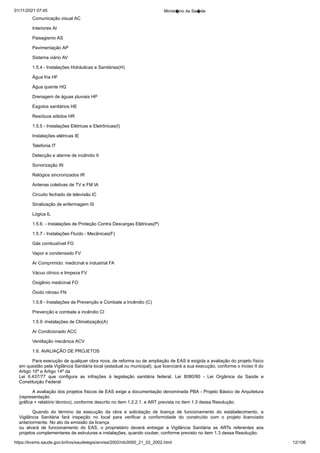 01/11/2021 07:45 Minist�rio da Sa�de
https://bvsms.saude.gov.br/bvs/saudelegis/anvisa/2002/rdc0050_21_02_2002.html 12/106
Comunicação visual AC
Interiores AI
Paisagismo AS
Pavimentação AP
Sistema viário AV
1.5.4 - Instalações Hidráulicas e Sanitárias(H)
Água fria HF
Água quente HQ
Drenagem de águas pluviais HP
Esgotos sanitários HE
Resíduos sólidos HR
1.5.5 - Instalações Elétricas e Eletrônicas(I)
Instalações elétricas IE
Telefonia IT
Detecção e alarme de incêndio II
Sonorização IN
Relógios sincronizados IR
Antenas coletivas de TV e FM IA
Circuito fechado de televisão IC
Sinalização de enfermagem IS
Lógica IL
1.5.6. - Instalações de Proteção Contra Descargas Elétricas(P)
1.5.7 - Instalações Fluído - Mecânicas(F)
Gás combustível FG
Vapor e condensado FV
Ar Comprimido: medicinal e industrial FA
Vácuo clínico e limpeza FV
Oxigênio medicinal FO
Óxido nitroso FN
1.5.8 - Instalações de Prevenção e Combate a Incêndio (C)
Prevenção e combate a incêndio CI
1.5.9 -Instalações de Climatização(A)
Ar Condicionado ACC
Ventilação mecânica ACV
1.6. AVALIAÇÃO DE PROJETOS
Para execução de qualquer obra nova, de reforma ou de
ampliação de EAS é exigida a avaliação do projeto físico
em questão
pela Vigilância Sanitária local (estadual ou municipal), que licenciará
a sua execução, conforme o Inciso II do
Artigo 10º e Artigo 14º da
Lei 6.437/77 que configura as infrações à legislação sanitária federal,
 Lei 8080/90 - Lei Orgânica da Saúde e
Constituição Federal.
A avaliação dos projetos físicos de EAS exige a documentação
denominada PBA - Projeto Básico de Arquitetura
(representação
gráfica + relatório técnico), conforme descrito no item 1.2.2.1.
e ART prevista no item 1.3 dessa Resolução.
Quando do término da execução da obra e solicitação de
 licença de funcionamento do estabelecimento, a
Vigilância Sanitária
 fará inspeção no local para verificar a conformidade do construído
 com o projeto licenciado
anteriormente. No ato da emissão da licença
ou alvará de funcionamento do EAS, o proprietário deverá entregar a
 Vigilância Sanitária as ARTs referentes aos
projetos complementares
de estruturas e instalações, quando couber, conforme previsto no item
1.3 dessa Resolução.
 