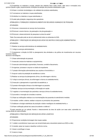 01/11/2021 07:45 Minist�rio da Sa�de
https://bvsms.saude.gov.br/bvs/saudelegis/anvisa/2002/rdc0050_21_02_2002.html 23/106
5.3.5-esterilizar os materiais e roupas, através dos métodos
 físico (calor úmido, calor seco e ionização) e/ou
químico (líquido e
gás), proporcionando condições de aeração dos produtos esterilizados
a gás;
5.3.6-fazer o controle microbiológico e de validade dos produtos
esterilizados;
5.3.7-armazenar os materiais e roupas esterilizadas;
5.3.8-distribuir os materiais e roupas esterilizadas; e
5.3.9-zelar pela proteção e segurança dos operadores.
ATRIBUIÇÃO 6: FORMAÇÃO E DESENVOLVIMENTO
DE RECURSOS HUMANOS E DE PESQUISA
ATIVIDADES:
6.1-Promover o treinamento em serviço dos funcionários;
6.2-Promover o ensino técnico, de graduação e de pós-graduação;
e
6.3-Promover o desenvolvimento de pesquisas na área de
saúde.*
*Nota: Sua execução pode se dar em praticamente todos os
ambientes do EAS.
ATRIBUIÇÃO 7: PRESTAÇÃO DE SERVIÇOS DE APOIO
DE GESTÃO E EXECUÇÃO ADMINISTRATIVA
ATIVIDADES:
7.1-Realizar os serviços administrativos do estabelecimento:
7.1.1-dirigir os serviços administrativos;
7.1.2-assessorar a direção do EAS no planejamento das atividades
e da política de investimentos em recursos
humanos, físicos,
técnicos e tecnológicos;
7.1.3-fazer administração de pessoal;
7.1.4-executar compra de materiais e equipamentos;
7.1.5-executar administração orçamentária, financeira, contábil
e faturamento;
7.1.6-organizar, processar e arquivar os dados de expediente;
7.1.7-prestar informações administrativas aos usuários e funcionários;
e
7.1.8-apurar custos da prestação de assistência e outros.
7.2-Realizar os serviços de planejamento clínico, de enfermagem
e técnico:
7.2.1-dirigir os serviços clínicos, de enfermagem e técnico
do estabelecimento;
7.2.2-executar o planejamento e supervisão da assistência;
e
7.2.3-prestar informações clínicas e de enfermagem ao paciente.
7.3-Realizar serviços de documentação e informação em saúde:
7.3.1-registrar a movimentação dos pacientes e serviços clínicos
do estabelecimento;
7.3.2-proceder a marcação de consultas e exames;
7.3.3-fazer as notificações médicas e as movimentações dos
pacientes do atendimento imediato;
7.3.4-receber, conferir, ordenar, analisar e arquivar os prontuários
dos pacientes;
7.3.5-elaborar e divulgar estatísticas de produção e dados
nosológicos do estabelecimento; e
7.3.6-fazer notificação policial dos casos de acidente e violência.*
*Função exercida por um policial, ficando o relacionamento
 da área de saúde com esse setor, submetido às
normas éticas de cada
profissão.
ATRIBUIÇÃO 8: PRESTAÇÃO DE SERVIÇOS DE APOIO
LOGÍSTICO
ATIVIDADES:
8.1-Proporcionar condições de lavagem das roupas usadas
8.1.1-coletar e acondicionar roupa suja a ser encaminhada
para a lavanderia (externa ao EAS ou não);
8.1.2-receber, pesar as roupas e classificar conforme norma;
8.1.3-lavar e centrifugar a roupa;
8.1.4-secar a roupa;
 