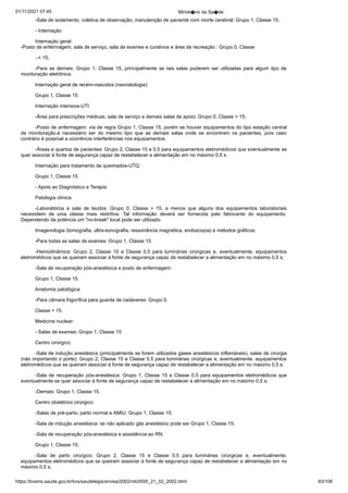 01/11/2021 07:45 Minist�rio da Sa�de
https://bvsms.saude.gov.br/bvs/saudelegis/anvisa/2002/rdc0050_21_02_2002.html 83/106
-Sala de isolamento, coletiva de observação, manutenção de
paciente com morte cerebral: Grupo 1, Classe 15;
- Internação
Internação geral:
-Posto de enfermagem, sala de serviço, sala de exames e
curativos e área de recreação : Grupo 0, Classe
.-+ 15;
-Para as demais: Grupo 1, Classe 15, principalmente se tais
 salas puderem ser utilizadas para algum tipo de
monitoração eletrônica.
Internação geral de recém-nascidos (neonatologia):
Grupo 1, Classe 15.
Internação intensiva-UTI:
-Área para prescrições médicas, sala de serviço e demais
salas de apoio: Grupo 0, Classe > 15;
-Posto de enfermagem: via de regra Grupo 1, Classe 15,
porém se houver equipamentos do tipo estação central
de monitoração,é necessário ser do mesmo tipo que as demais salas onde se
 encontram os pacientes, pois caso
contrário é possível a ocorrência
interferências nos equipamentos.
-Áreas e quartos de pacientes: Grupo 2, Classe 15 e 0,5 para
equipamentos eletromédicos que eventualmente se
quer associar à
fonte de segurança capaz de restabelecer a alimentação em no máximo
0,5 s.
Internação para tratamento de queimados-UTQ:
Grupo 1, Classe 15.
- Apoio ao Diagnóstico e Terapia
Patologia clínica:
-Laboratórios e sala de laudos: Grupo 0, Classe > 15, a
 menos que alguns dos equipamentos laboratoriais
necessitem de uma
 classe mais restritiva. Tal informação deverá ser fornecida pelo fabricante
 do equipamento.
Dependendo da potência um "no-break"
local pode ser utilizado.
Imagenologia (tomografia, ultra-sonografia, ressonância
magnética, endoscopia) e métodos gráficos:
-Para todas as salas de exames: Grupo 1, Classe 15.
-Hemodinâmica: Grupo 2, Classe 15 e Classe 0,5 para luminárias
 cirúrgicas e, eventualmente, equipamentos
eletromédicos
que se queiram associar à fonte de segurança capaz de restabelecer a
alimentação em no máximo 0,5 s;
-Sala de recuperação pós-anestésica e posto de enfermagem:
Grupo 1, Classe 15.
Anatomia patológica
-Para câmara frigorífica para guarda de cadáveres: Grupo 0,
Classe > 15.
Medicina nuclear:
- Salas de exames: Grupo 1, Classe 15
Centro cirúrgico:
-Sala de indução anestésica (principalmente se forem utilizados
gases anestésicos inflamáveis), salas de cirurgia
(não importando
o porte): Grupo 2, Classe 15 e Classe 0,5 para luminárias
cirúrgicas e, eventualmente, equipamentos
eletromédicos que se queiram
associar à fonte de segurança capaz de restabelecer a alimentação
em no máximo 0,5 s;
-Sala de recuperação pós-anestésica: Grupo 1, Classe 15 e
Classe 0,5 para equipamentos eletromédicos que
eventualmente se
quer associar à fonte de segurança capaz de restabelecer a alimentação
em no máximo 0,5 s;
-Demais: Grupo 1, Classe 15.
Centro obstétrico cirúrgico:
-Salas de pré-parto, parto normal e AMIU: Grupo 1, Classe
15;
-Sala de indução anestésica: se não aplicado gás anestésico
pode ser Grupo 1, Classe 15;
-Sala de recuperação pós-anestésica e assistência ao RN:
Grupo 1, Classe 15;
-Sala de parto cirúrgico: Grupo 2, Classe 15 e Classe 0,5
 para luminárias cirúrgicas e, eventualmente,
equipamentos eletromédicos
que se queiram associar à fonte de segurança capaz de restabelecer
a alimentação em no
máximo 0,5 s;
 