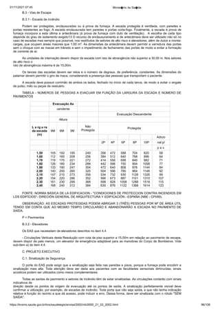 01/11/2021 07:45 Minist�rio da Sa�de
https://bvsms.saude.gov.br/bvs/saudelegis/anvisa/2002/rdc0050_21_02_2002.html 96/106
B.3 - Vias de Escape
B.3.1 - Escada de incêndio
Podem ser protegidas, enclausuradas ou à prova de fumaça.
 A escada protegida é ventilada, com paredes e
portas resistentes ao
fogo. A escada enclausurada tem paredes e portas corta-fogo. Finalmente,
a escada à prova de
fumaça incorpora a esta última a
antecâmara (à prova de fumaça com duto de ventilação) . A escolha
 de cada tipo
depende do grau de isolamento exigido13 O recurso de
enclausuramento e de antecâmara deve ser utilizado não só no
caso
de escadas mas sempre que possível, nos vestíbulos de setores de alto
risco e elevadores, além de dutos e monta-
cargas, que ocupem áreas
maiores que 1,00 m². As dimensões da antecâmara devem permitir a
varredura das portas
sem o choque com as macas em trânsito e sem
o impedimento de fechamento das portas de modo a evitar a formação
de corrente de ar.
As unidades de internação devem dispor de escada com raio
de abrangência não superior a 30,00 m. Nos setores
de alto risco o
raio de abrangência máxima é de 15,00m.
Os lances das escadas devem ser retos e o número de degraus,
de preferência, constantes. As dimensões do
patamar devem
permitir o giro de maca, considerando a presença das pessoas que
transportam o paciente.
A escada deve possuir corrimão de ambos os lados, fechado
no início de cada lance, de modo a evitar o engate
de pulso, mão ou
peças de vestuário.
TABELA - NÚMEROS DE PESSOAS A EVACUAR EM
FUNÇÃO DA LARGURA DA ESCADA E NÚMERO DE
PAVIMENTOS
Evacuação As
cendente
Evacuação Descendente
Altura
L a rg u ra
da escada
(m)
9M 6M 3M
Não
Protegida
Protegida
Adicio
2P 4P 6P 8P 10P nal p/
p a v.
1,50
1,60
1,70
1,80
1,90
2,00
2,10
2,20
2,30
2,40
105
112
119
126
133
140
147
154
161
168
150
160
170
180
190
200
210
220
230
240
195
208
221
234
247
260
273
286
299
312
240
256
272
288
304
320
356
352
368
384
356
384
414
442
472
504
534
566
598
630
472
512
556
596
640
596
732
673
828
876
588
640
698
750
808
780
930
887
1058
1122
704
768
840
904
976
964
1128
1101
1288
1368
820
896
982
1058
1144
1148
1326
1315
1518
1614
58
64
71
77
84
92
99
107
115
123
FONTE: NORMA BÁSICA DE LA EDIFICACION - "CONDICIONES DE PROTECCION CONTRA INCENDIOS EM
LOS EDIFÍCIOS"- DIRECIÓN GENERAL DE ARQUITECTURA Y
EDIFICACIÓN - ESPAÑA (NBE - CPI/89).
OBSERVAÇÃO: AS ESCADAS PROTEGIDAS PODEM
ABRIGAR 3 (TRÊS) PESSOAS POR M² DE ÁREA ÚTIL
TENDO
 EM CONTA QUE AO MESMO TEMPO CIRCULARÃO E ABANDONARÃO A ESCADA NO PAVIMENTO DE
SAÍDA.
P = Pavimentos
B.3.2 - Elevadores
Os EAS que necessitam de elevadores descritos no item 4.4
- Circulações Verticais desta Resolução com cota de piso superior a
15,00m em relação ao pavimento de escape,
devem dispor de pelo
menos, um elevador de emergência adaptável para as manobras do
Corpo de Bombeiros. Vide
sub-item a) do item 4.4.
C. PROJETO EXECUTIVO
C.1. Sinalização de Segurança
O porte do EAS pode exigir que a sinalização seja feita nas
paredes e pisos, porque a fumaça pode encobrir a
sinalização mais
 alta. Toda atenção deve ser dada aos pacientes com as faculdades
 sensoriais diminuídas; sinais
acústicos podem ser utilizados como
meios complementares.
Todas as saídas de pavimento e setores de incêndio têm de
estar sinalizadas. As circulações contarão com sinais
indicativos de
direção desde os pontos de origem de evacuação até os pontos de
 saída. A sinalização perfeitamente visível deve
confirmar a utilização,
por exemplo, de escadas de incêndio. Toda porta que não seja saída,
e que não tenha indicação
relativa à função do recinto a que dá
acesso, pode induzir a erro. Dessa forma, deve ser sinalizada com o
rótulo "SEM
SAÍDA".
 